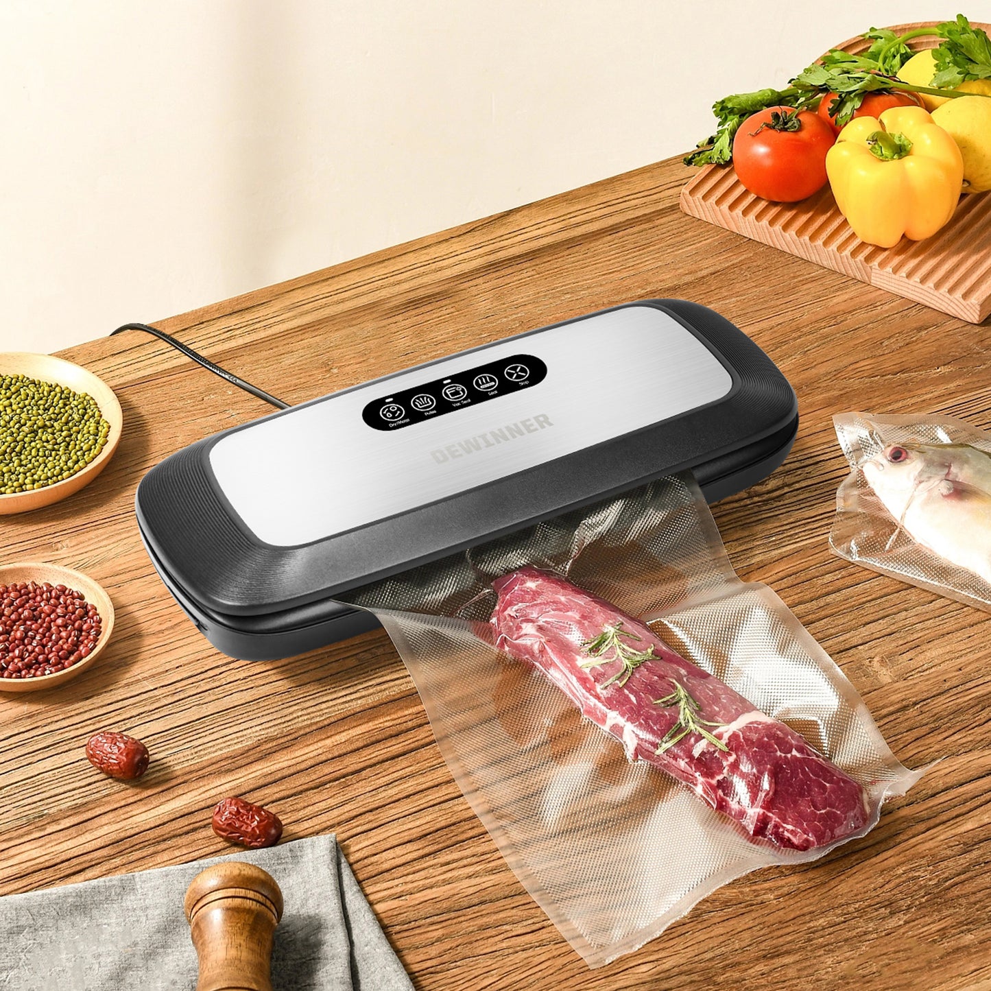 DEWINNER Full Automatic Vacuum Sealer Machine,vac Hands-Free Food Sealer with Built-in Cutter & Vacuum Roll Bags for Sous Vide Cooking Dry & Moist Food Modes