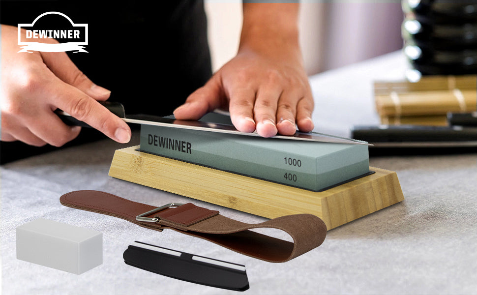 Knife Sharpening Stone Set, HMPLL Whetstone Knife Sharpener Stone Set 4 Side Grit 400/1000 3000/8000, Professional Whetstone Include Non-Slip Bamboo Base, Leather Strop, Flattening Stone & Angle Guide