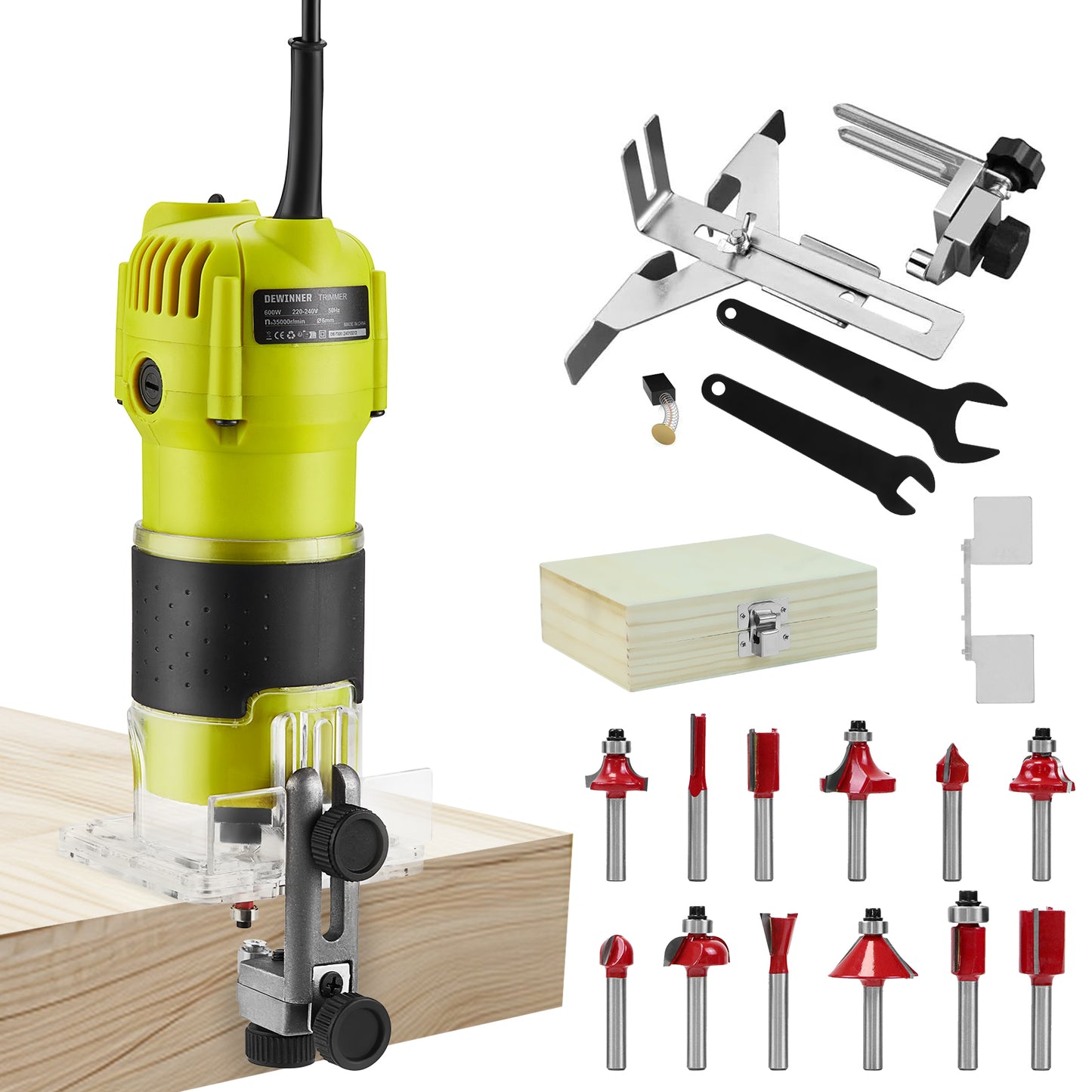 Electric Hand Palm Router, DEWINNER Trimmer Laminate Wood Working Joiners Tool, Compact Router with Trimmer Base, 3 Guide,2 Collets 1/4"(6.35mm) and 3/8"