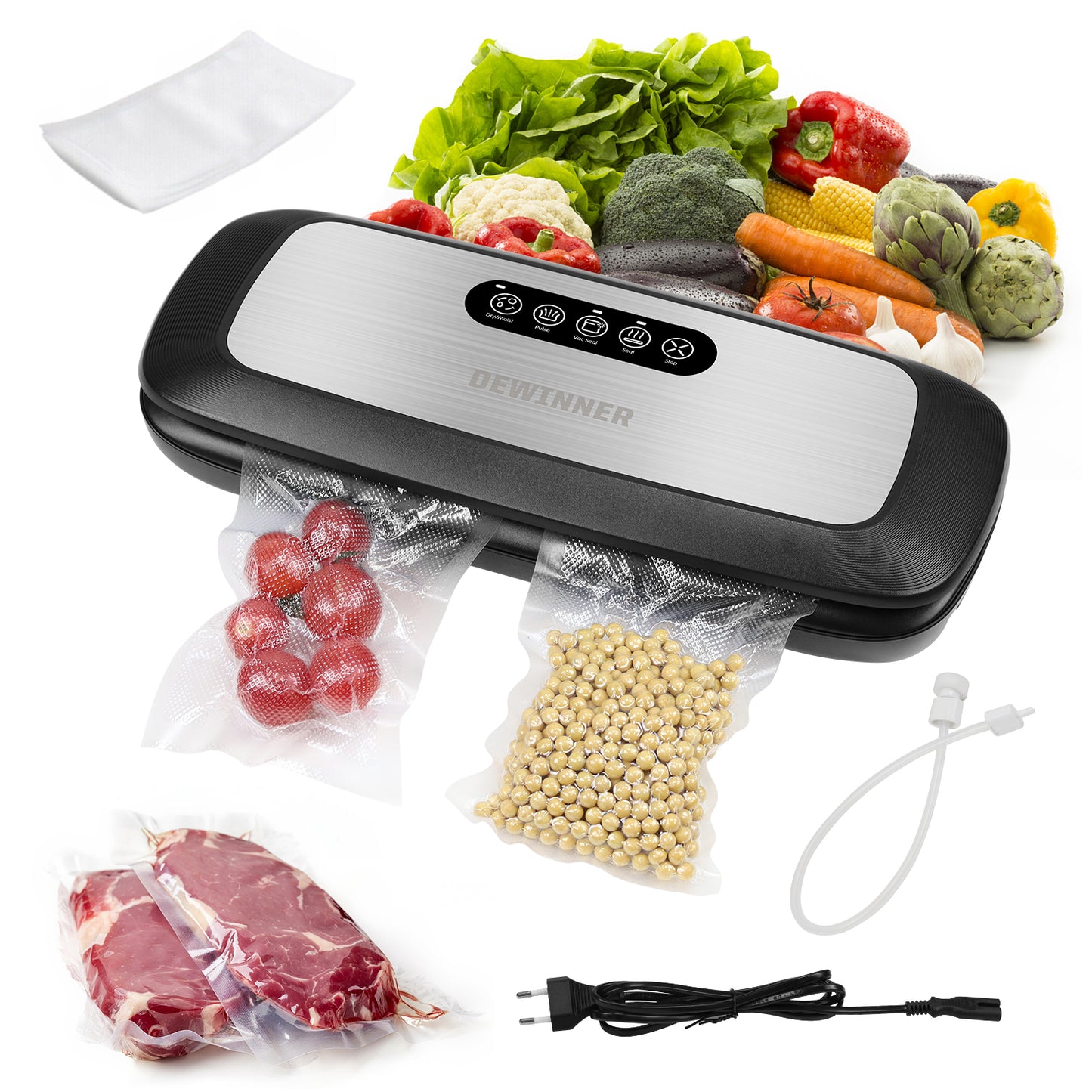 DEWINNER Full Automatic Vacuum Sealer Machine,vac Hands-Free Food Sealer with Built-in Cutter & Vacuum Roll Bags for Sous Vide Cooking Dry & Moist Food Modes