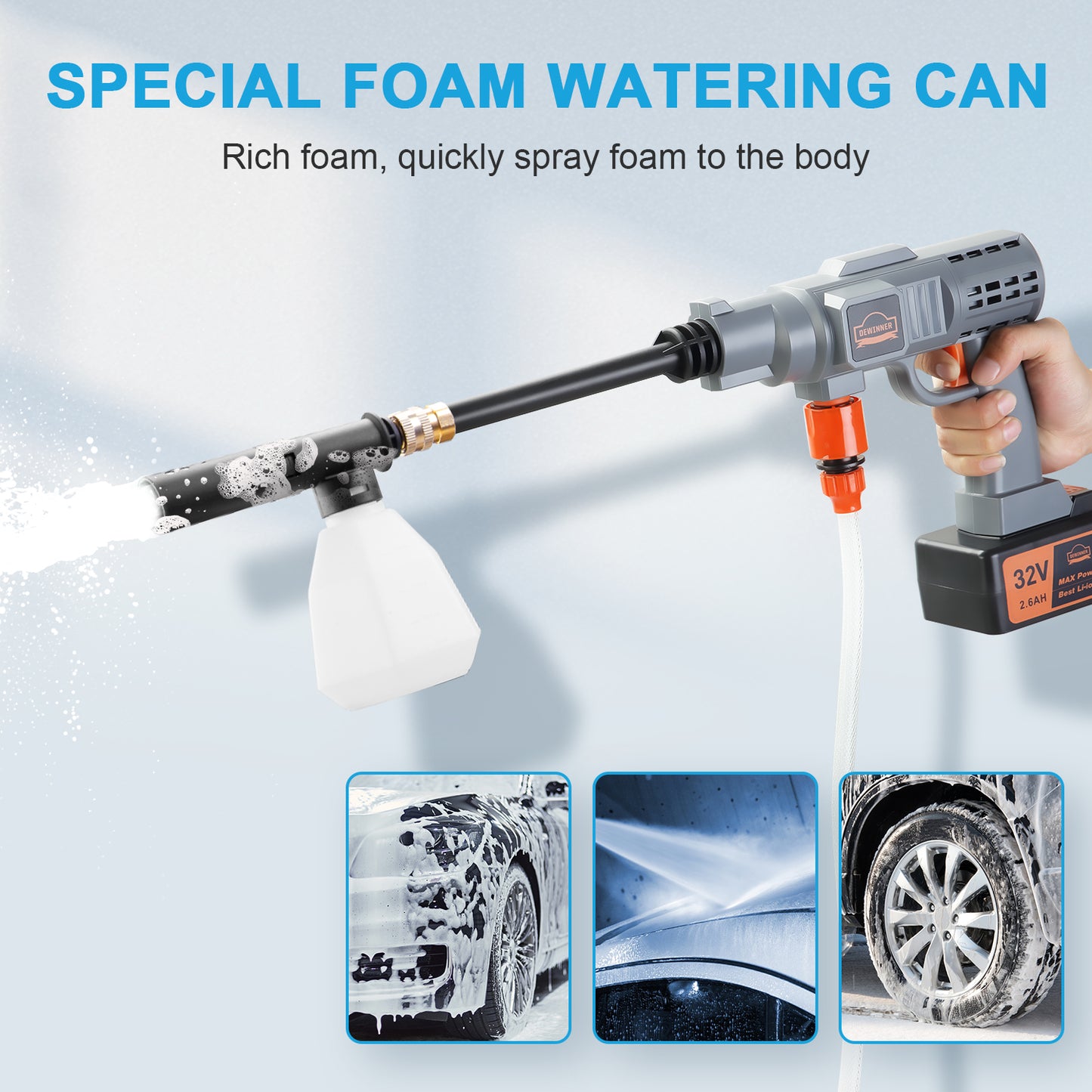 DEWINNER 32V Cordless Hydroshot 700PSI Portable Pressure Cleaner Kit with 1 Batteries,5-in-1 Adjustable Nozzle Suitable for Washing Cars/Fences/Siding