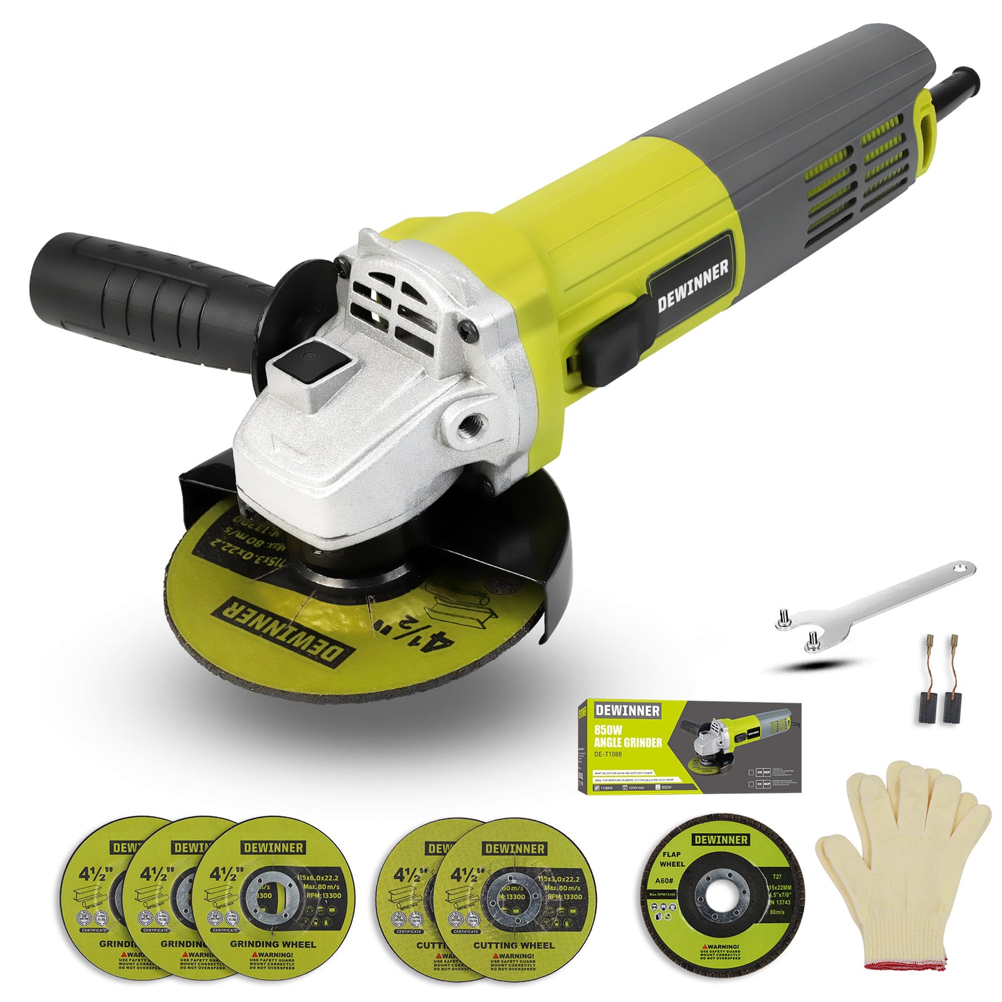 DEWINNER Angle Grinder 850W,Angle Grinder 220-240 V, 6 Angle Grinding Cutting Discs,115mm, Protective Cover, with Extra Handle Grinding Cutting Tool