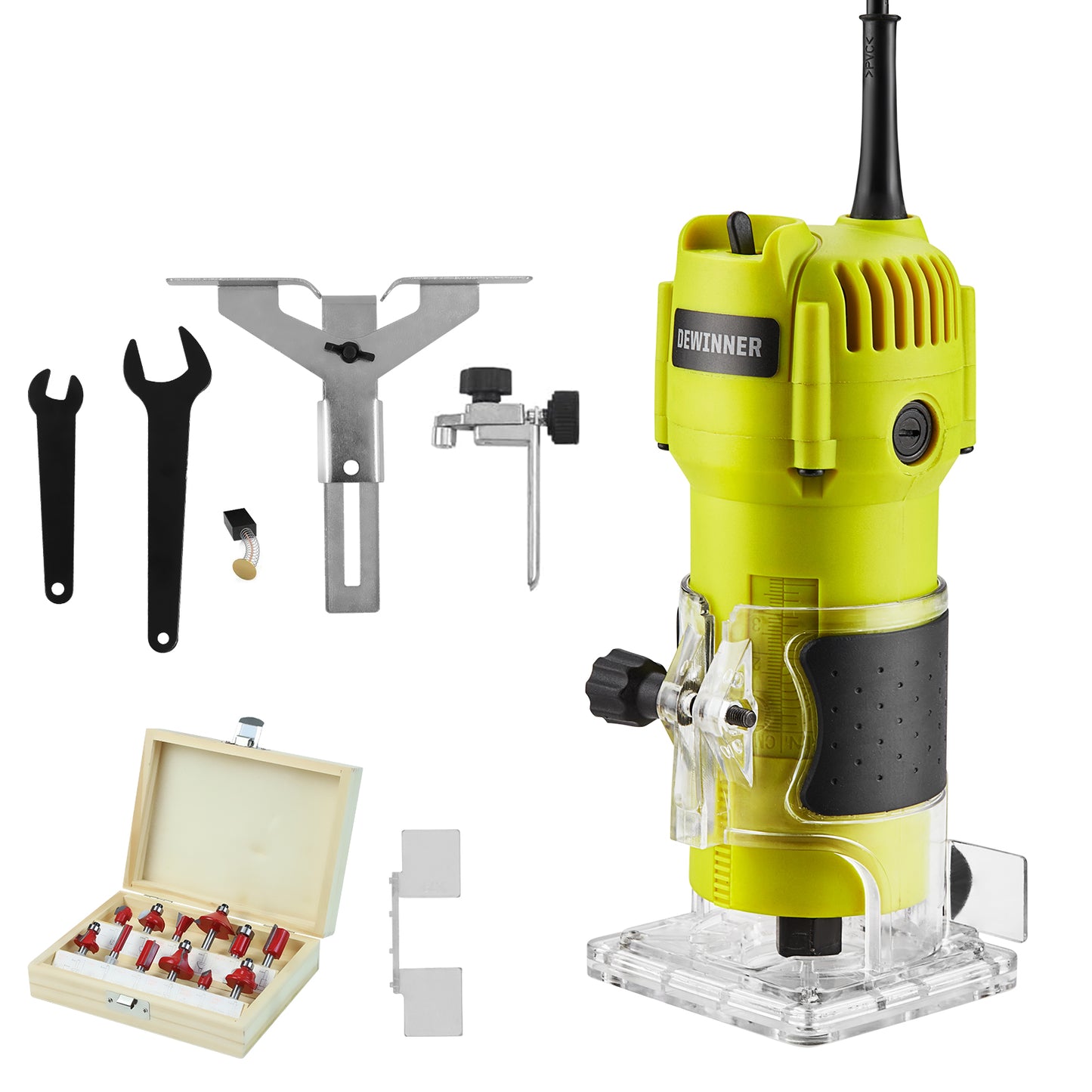 Electric Hand Palm Router, DEWINNER Trimmer Laminate Wood Working Joiners Tool, Compact Router with Trimmer Base, 3 Guide,2 Collets 1/4"(6.35mm) and 3/8"