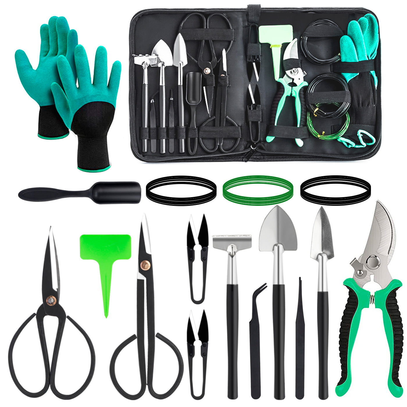 DEWINNER Bonsai Tools,22-Piece Gardening Tools Set, Bonsai Scissors, Bonsai Wire, Tweezers, Gardening Gloves - Bonsai Starter Tools Set for Bonsai Beginners