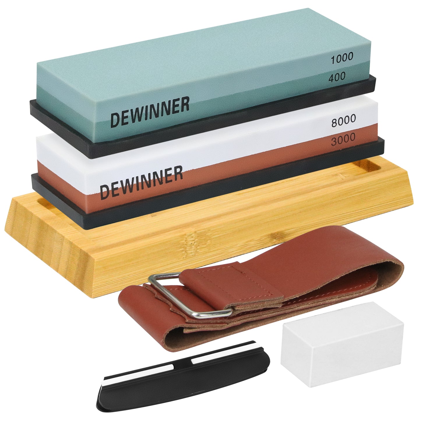 Knife Sharpening Stone Set, HMPLL Whetstone Knife Sharpener Stone Set 4 Side Grit 400/1000 3000/8000, Professional Whetstone Include Non-Slip Bamboo Base, Leather Strop, Flattening Stone & Angle Guide
