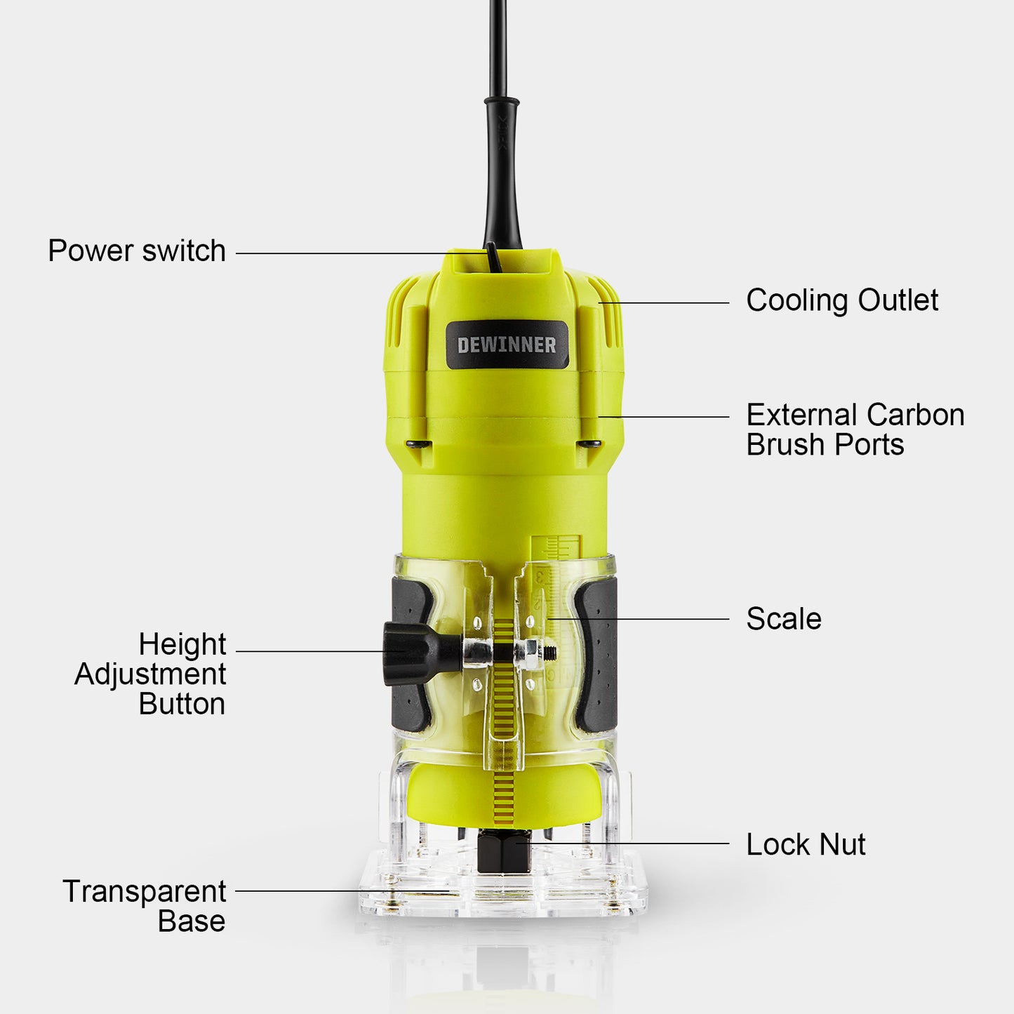 Electric Hand Palm Router, DEWINNER Trimmer Laminate Wood Working Joiners Tool, Compact Router with Trimmer Base, 3 Guide,2 Collets 1/4"(6.35mm) and 3/8"