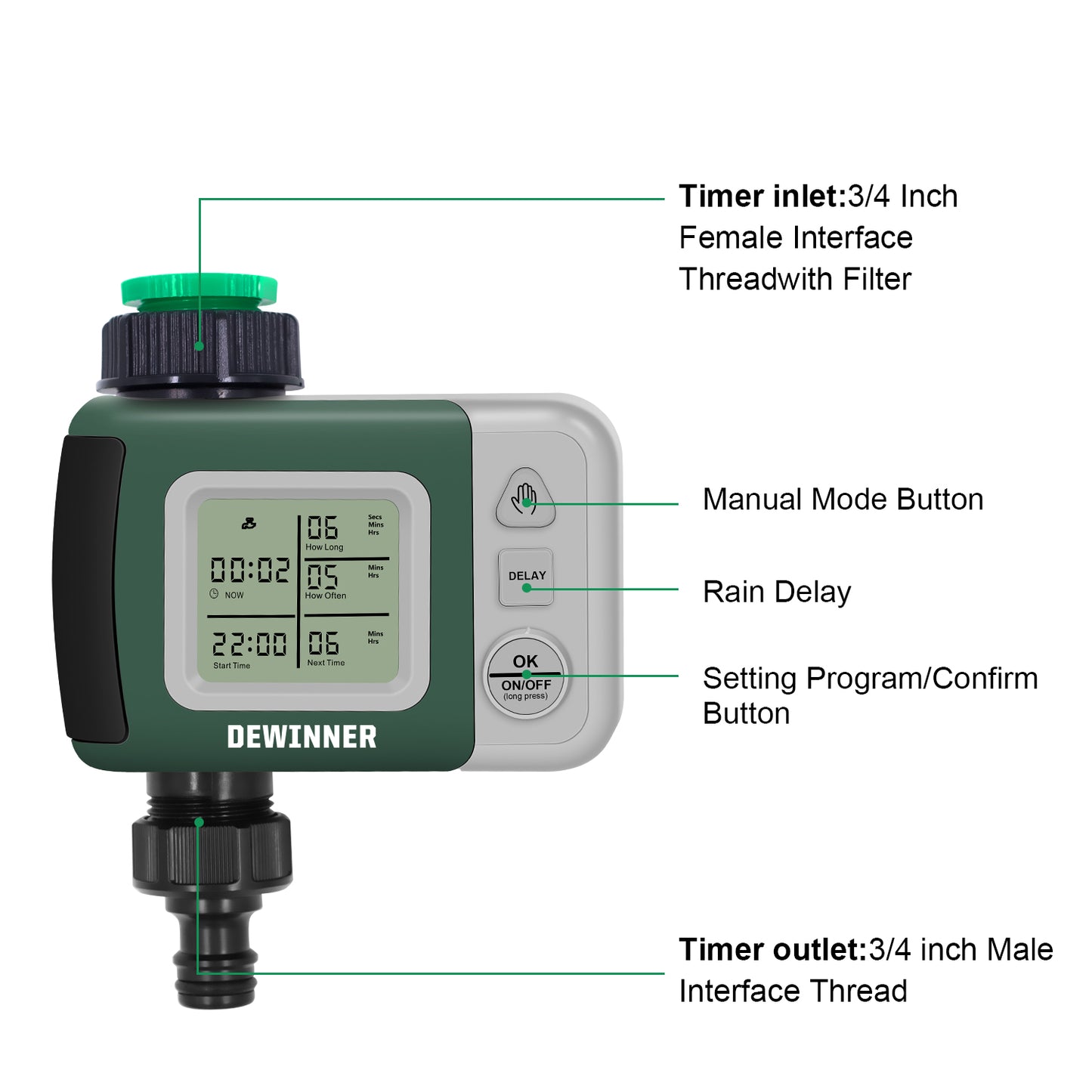 DEWINNER Water Timer Digital Programmable Garden Lawn Tap Computer Hose Faucet Sprinkler Timer Irrigation System Controller/ Auto&Manual Mode/Rain Delay/Large Screen/IP64 Waterproof
