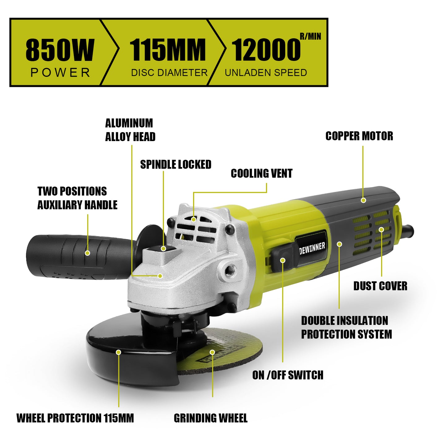DEWINNER Angle Grinder 850W,Angle Grinder 220-240 V, 6 Angle Grinding Cutting Discs,115mm, Protective Cover, with Extra Handle Grinding Cutting Tool