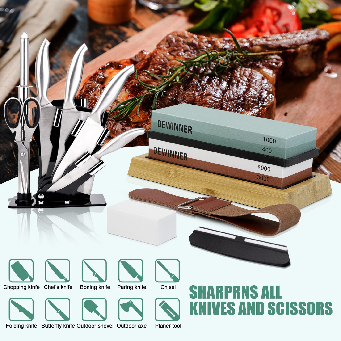 Knife Sharpening Stone Set, HMPLL Whetstone Knife Sharpener Stone Set 4 Side Grit 400/1000 3000/8000, Professional Whetstone Include Non-Slip Bamboo Base, Leather Strop, Flattening Stone & Angle Guide