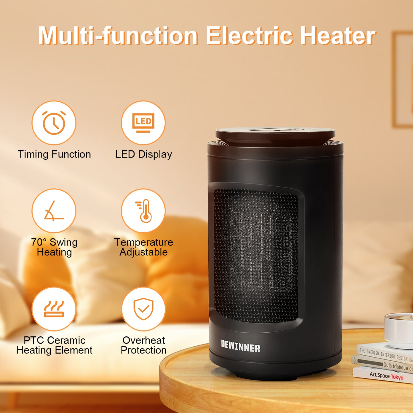 DEWINNER Electric Blower Radiator 1200W, Mini PTC Energy Saving Ceramic Electric Blower Radiator with Thermostat, 70° Rotating, Timer, 3 Modes, For Living Room, Bedroom, Office Etc