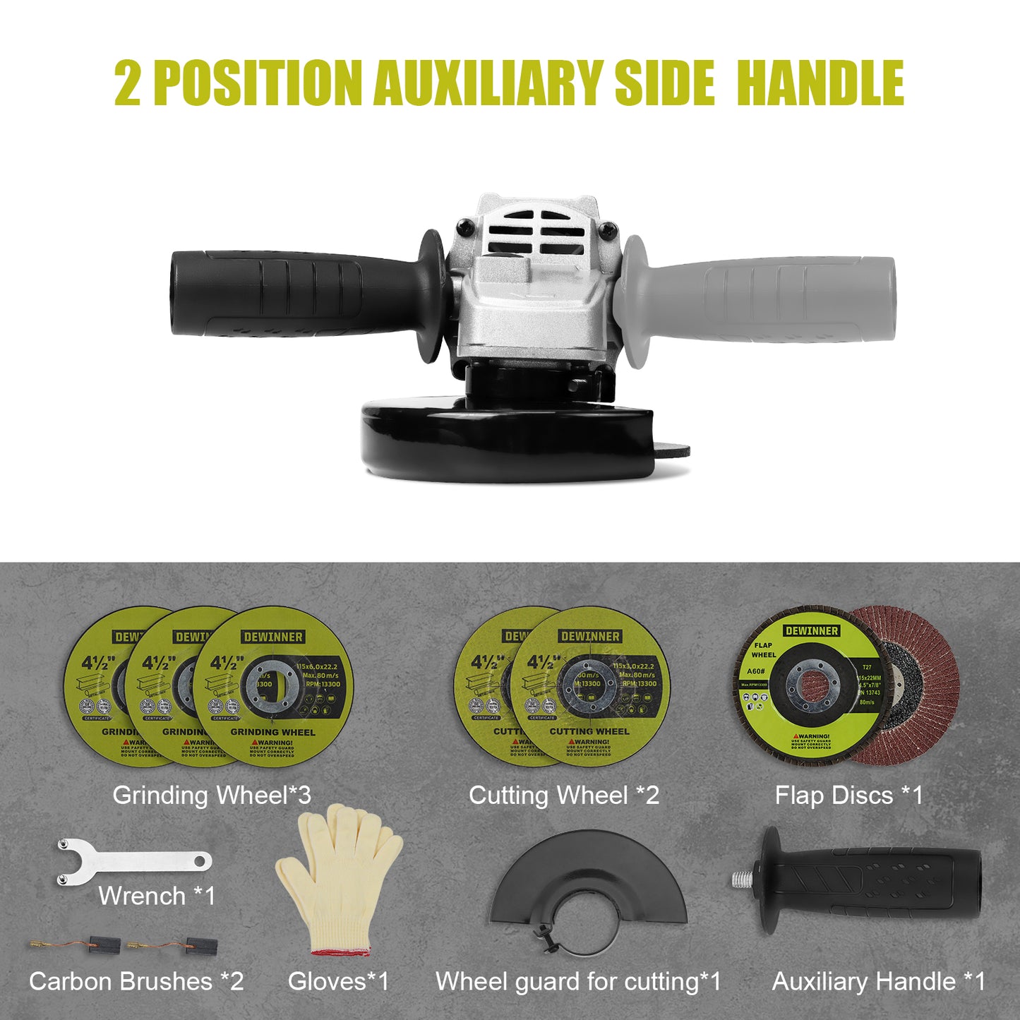 DEWINNER Angle Grinder 850W,Angle Grinder 220-240 V, 6 Angle Grinding Cutting Discs,115mm, Protective Cover, with Extra Handle Grinding Cutting Tool