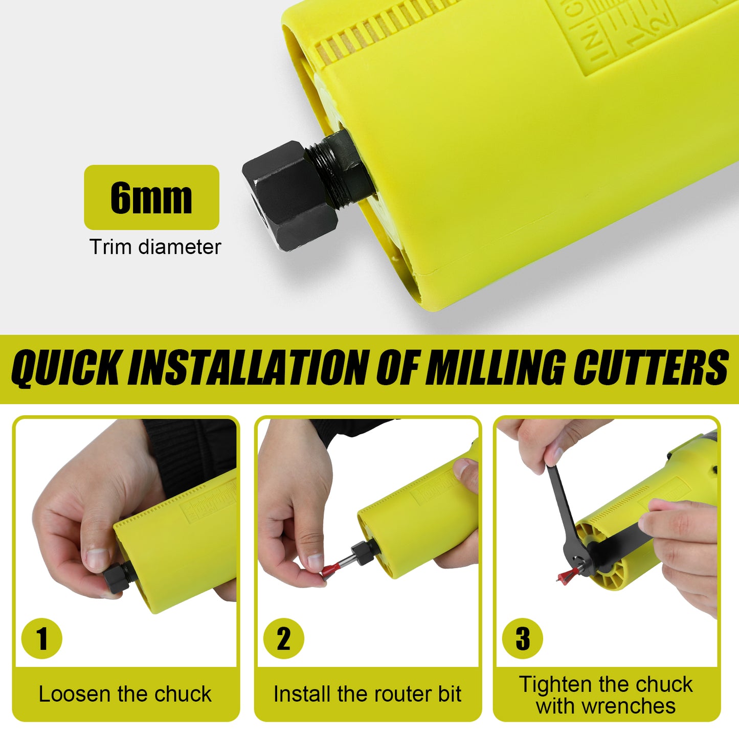 Electric Hand Palm Router, DEWINNER Trimmer Laminate Wood Working Joiners Tool, Compact Router with Trimmer Base, 3 Guide,2 Collets 1/4"(6.35mm) and 3/8"