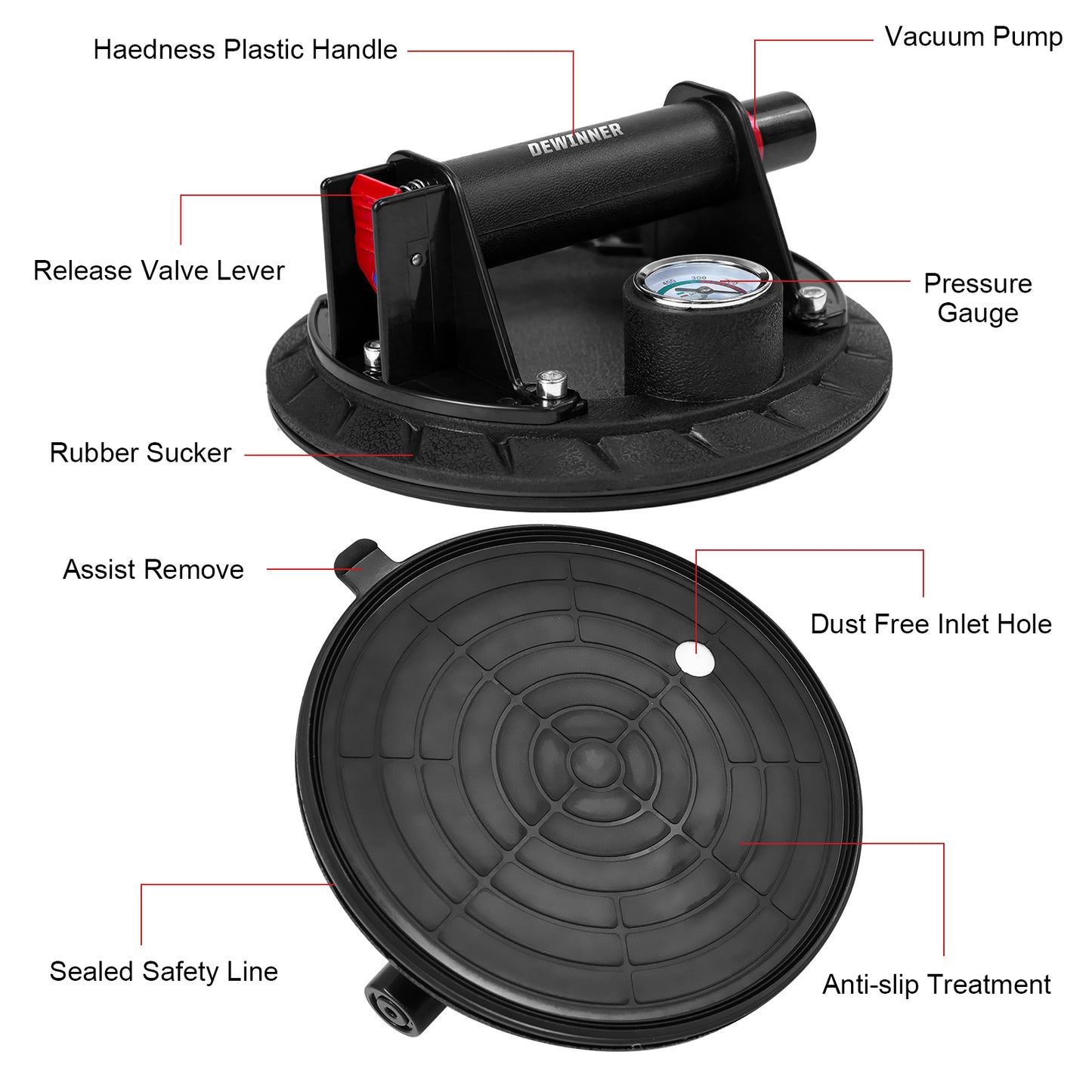 DEWINNER Robust Vacuum Cups- ABS Handle Glass Lifting Cups,200kg Load Capacity,Industrial Vacuum Cups for Lifting Flat and Non-Porous Surfaces