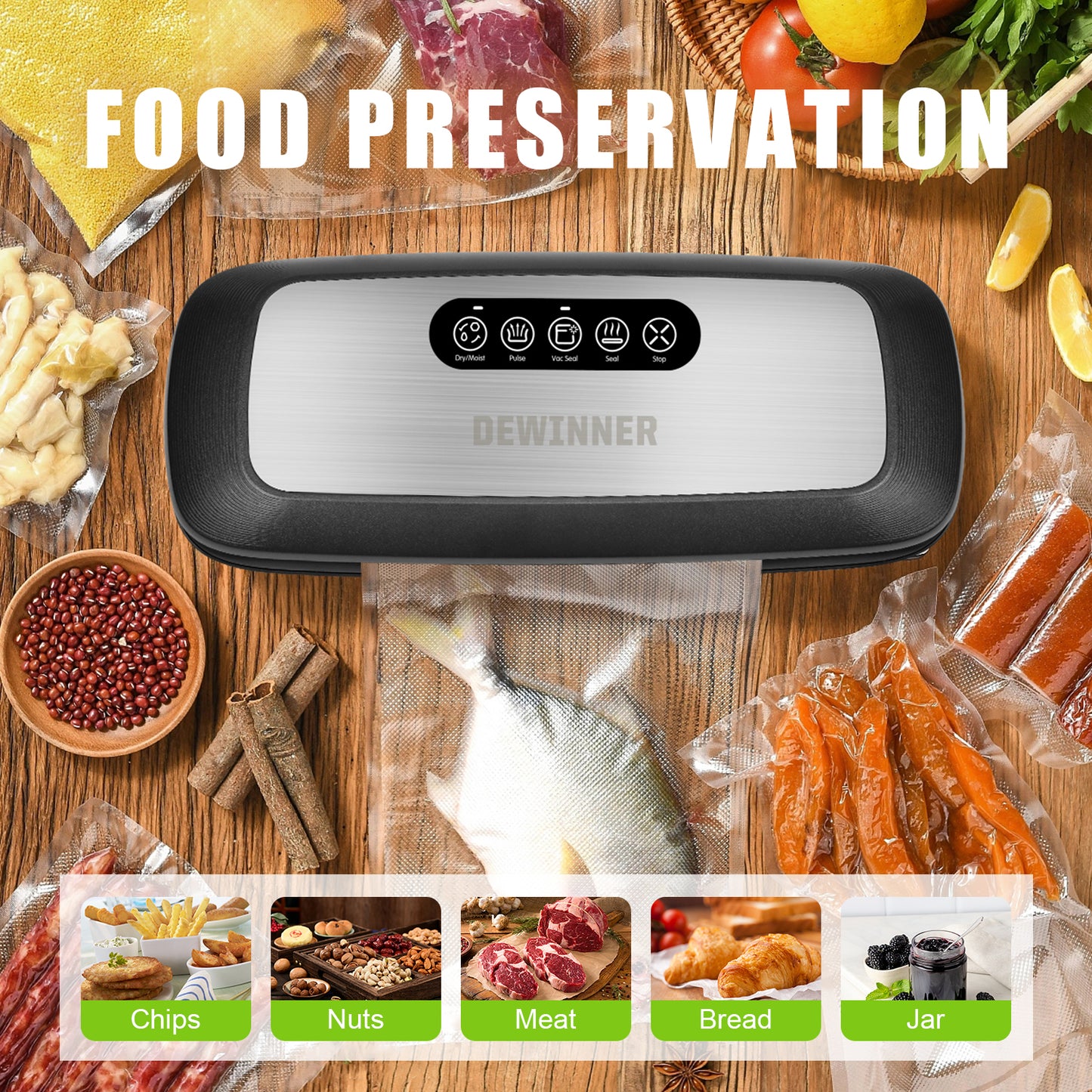 DEWINNER Full Automatic Vacuum Sealer Machine,vac Hands-Free Food Sealer with Built-in Cutter & Vacuum Roll Bags for Sous Vide Cooking Dry & Moist Food Modes