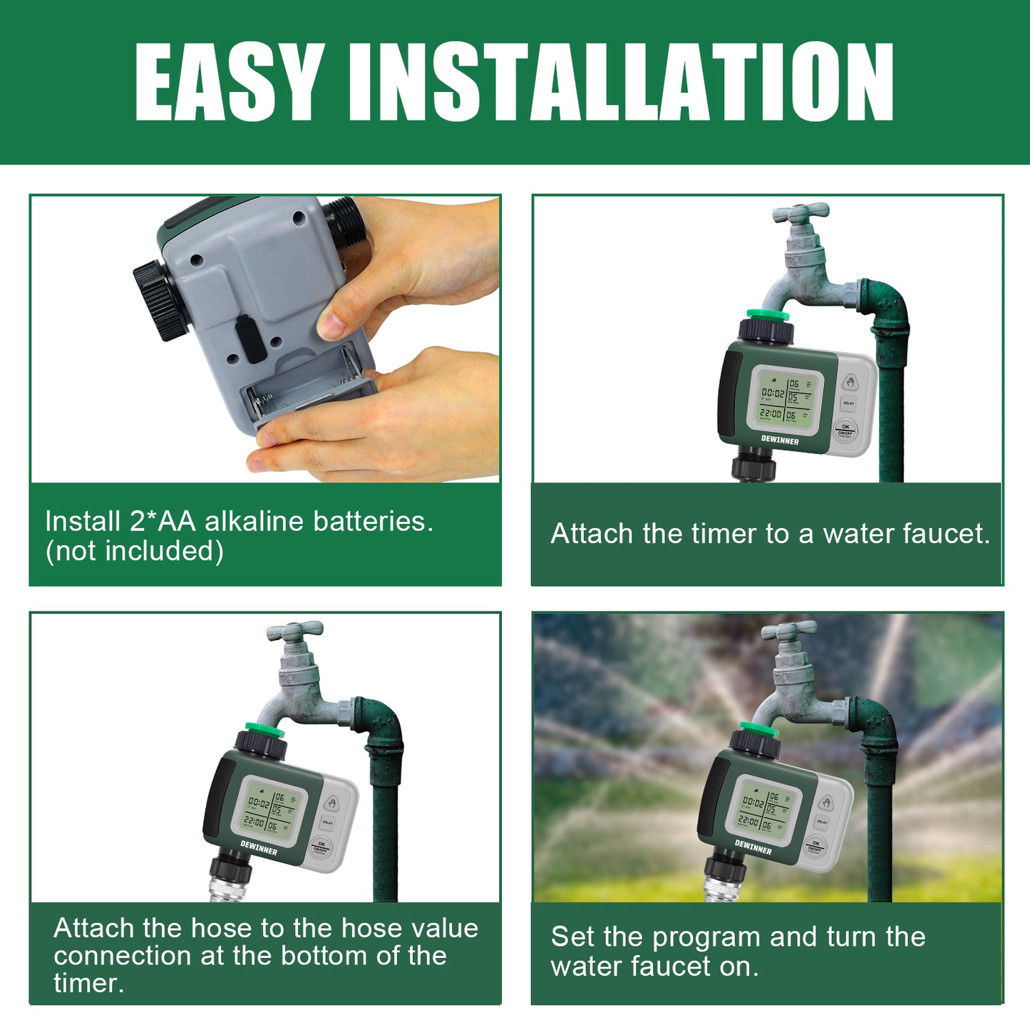 DEWINNER Water Timer Digital Programmable Garden Lawn Tap Computer Hose Faucet Sprinkler Timer Irrigation System Controller/ Auto&Manual Mode/Rain Delay/Large Screen/IP64 Waterproof