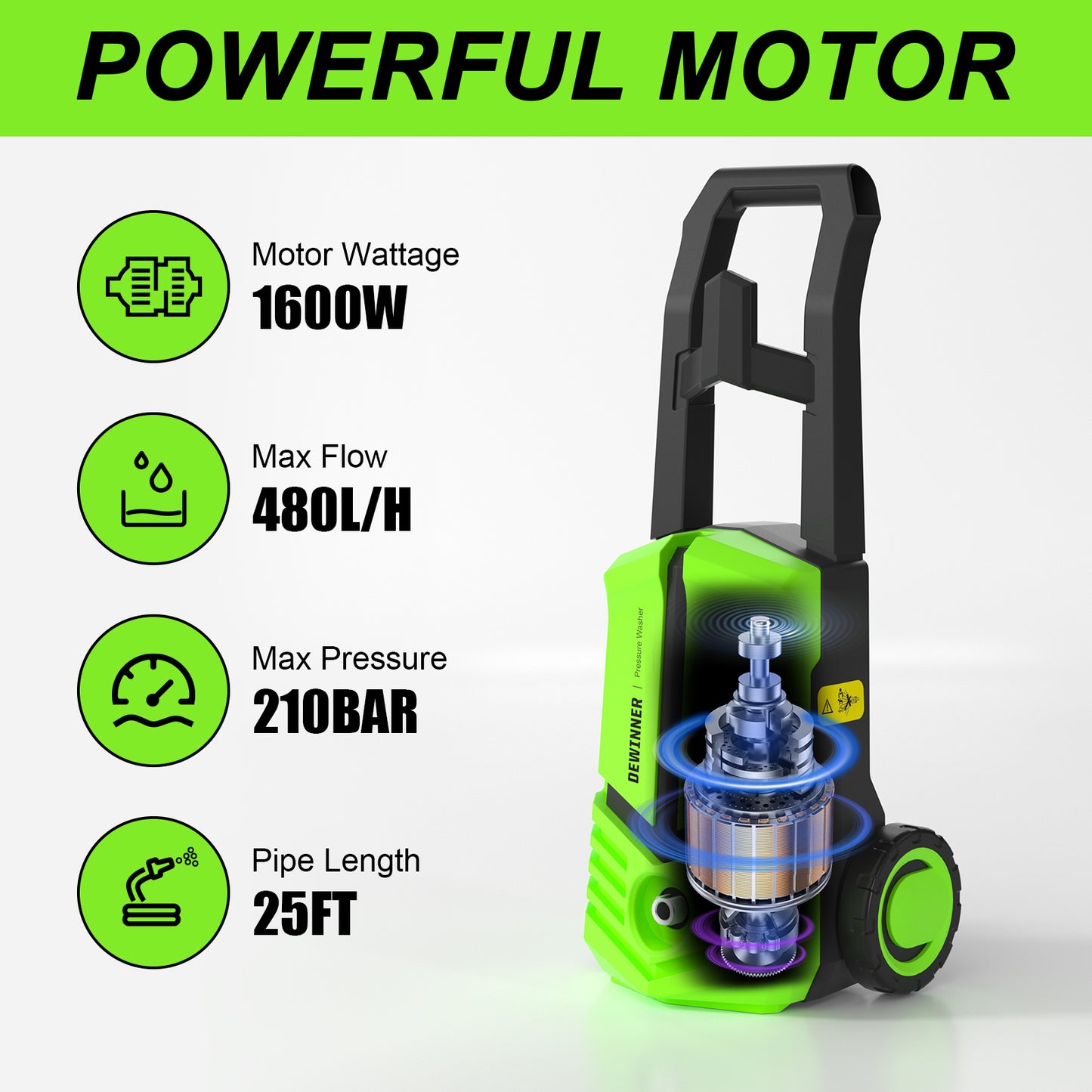 DEWINNER 480L/hr,210BAR, 1600W Pressure Washer, Green