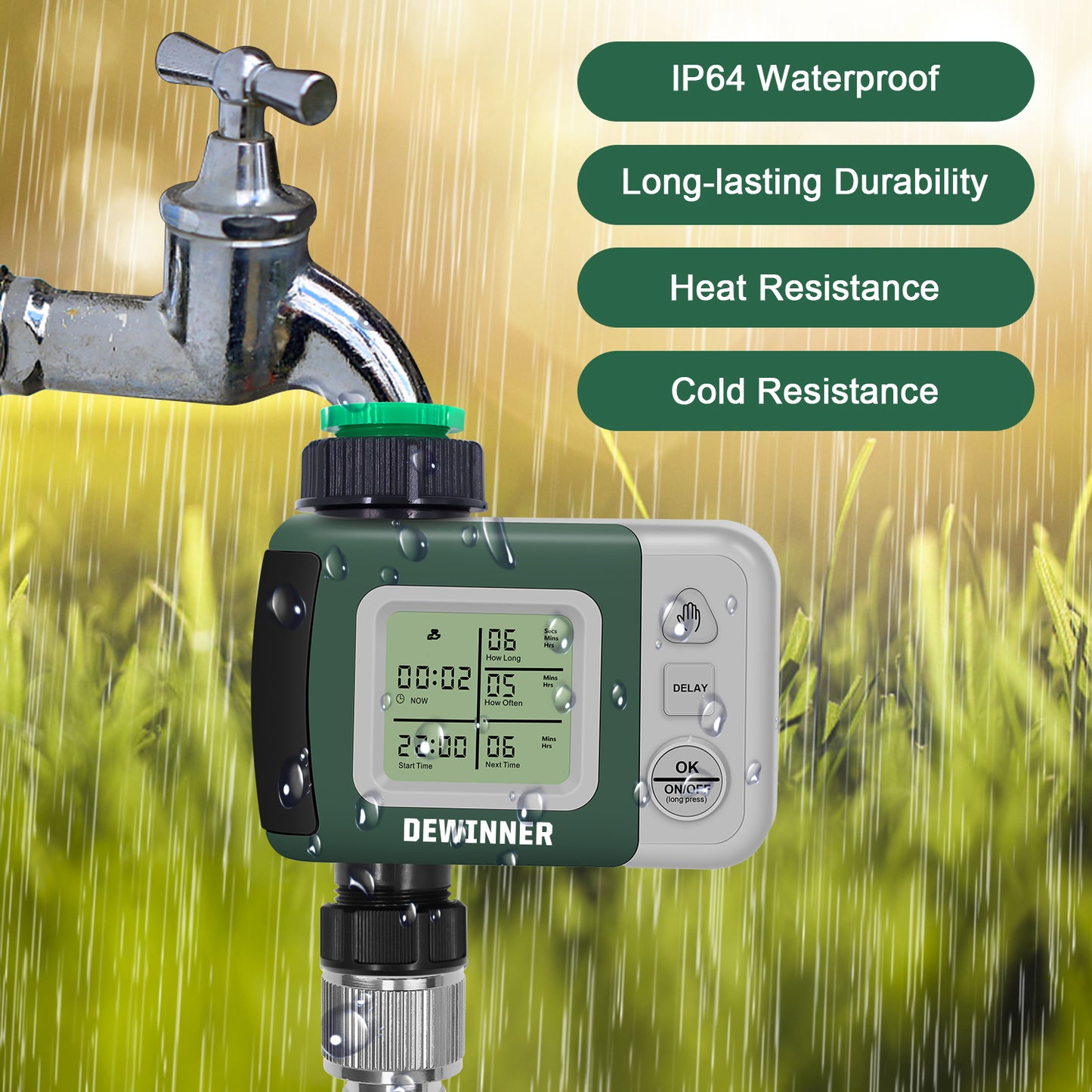 DEWINNER Water Timer Digital Programmable Garden Lawn Tap Computer Hose Faucet Sprinkler Timer Irrigation System Controller/ Auto&Manual Mode/Rain Delay/Large Screen/IP64 Waterproof