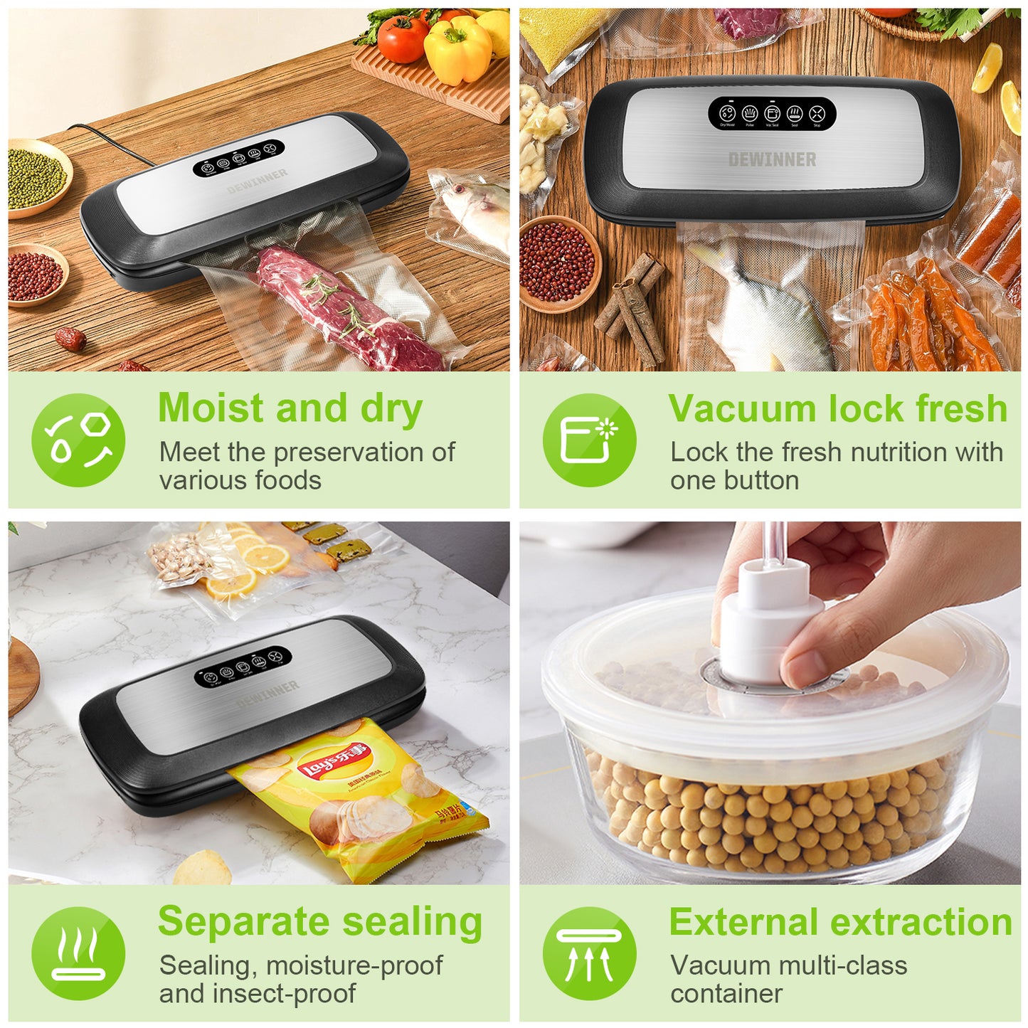 DEWINNER Full Automatic Vacuum Sealer Machine,vac Hands-Free Food Sealer with Built-in Cutter & Vacuum Roll Bags for Sous Vide Cooking Dry & Moist Food Modes