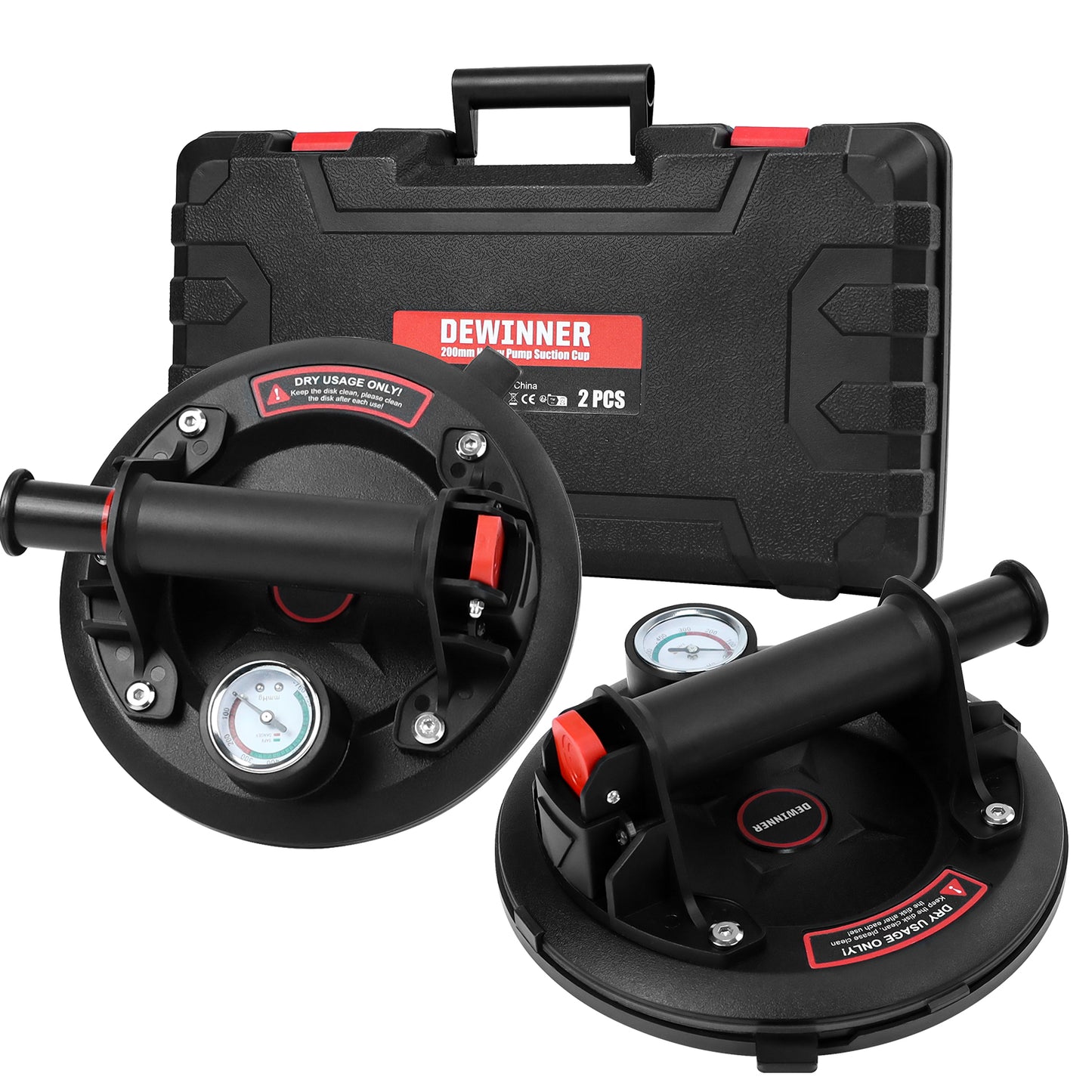 2x Heavy Duty Vacuum Cups, DEWINNER ABS Handle Glass Lifting Cups,230kg Load Capacity,Industrial Vacuum Cups for Lifting Flat and Non-Porous Surfaces