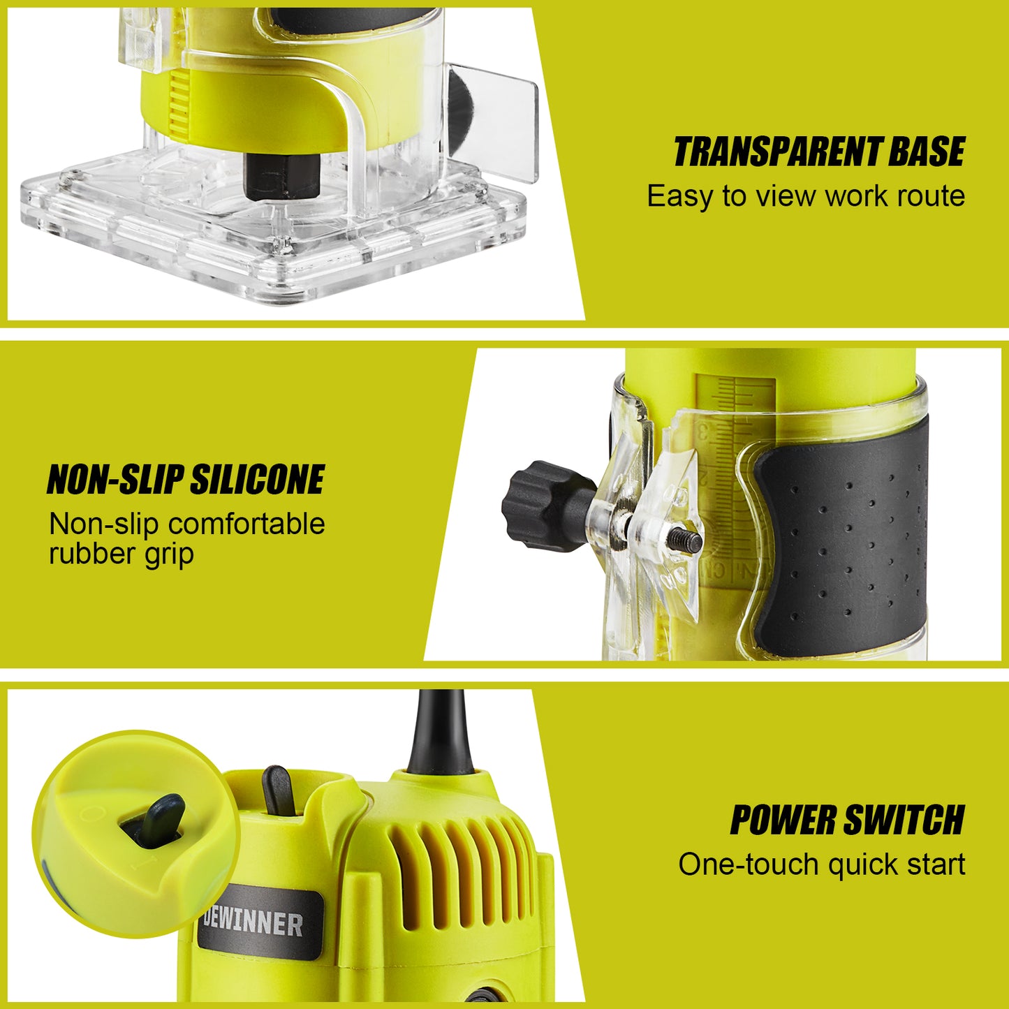 Electric Hand Palm Router, DEWINNER Trimmer Laminate Wood Working Joiners Tool, Compact Router with Trimmer Base, 3 Guide,2 Collets 1/4"(6.35mm) and 3/8"