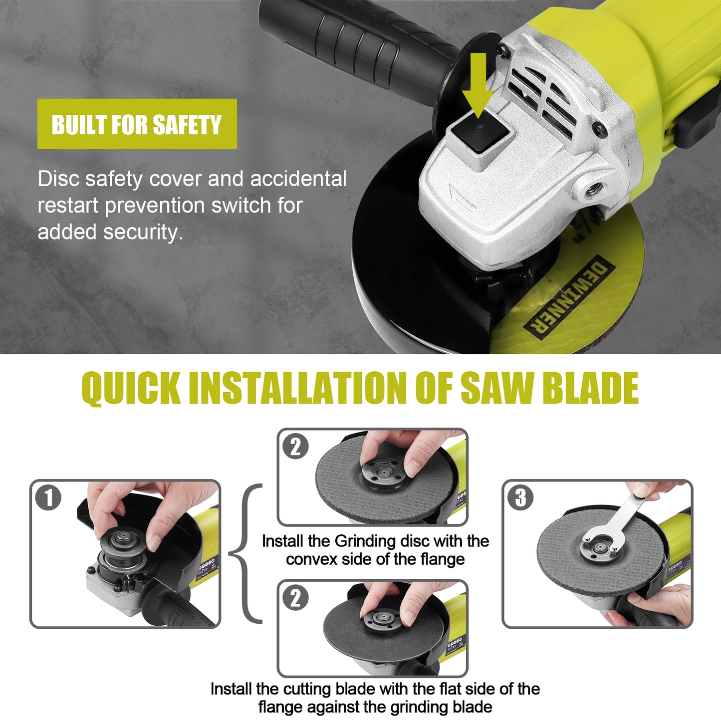DEWINNER Angle Grinder 850W,Angle Grinder 220-240 V, 6 Angle Grinding Cutting Discs,115mm, Protective Cover, with Extra Handle Grinding Cutting Tool