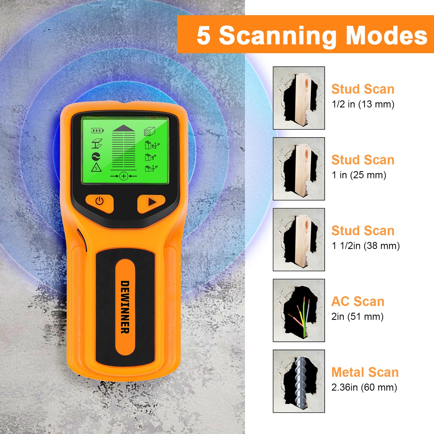DEWINNER 5-in-1 wall detector wall metal detector with LCD screen post finder, wall scanner for locating metals, wooden dowels, electrical AC cable