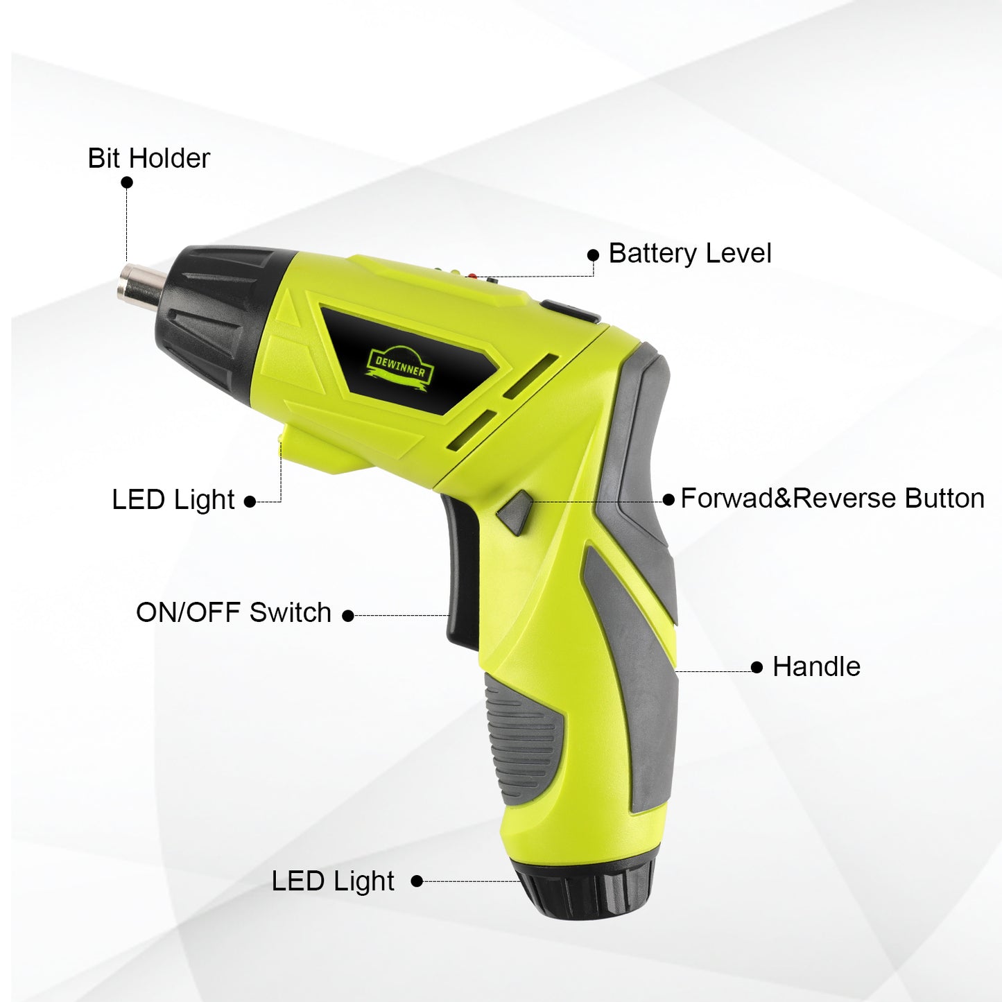 Electric Screwdriver, DEWINNER Cordless Screwdriver Set Rotated 90 Degrees Electric Screwdrivers Cordless Handle 3.6V 1300 mAh Rechargeable Lithium-Ion Battery with LED Worklight and Charger,45 Piece Screwdriver and Wood Bit Assortment