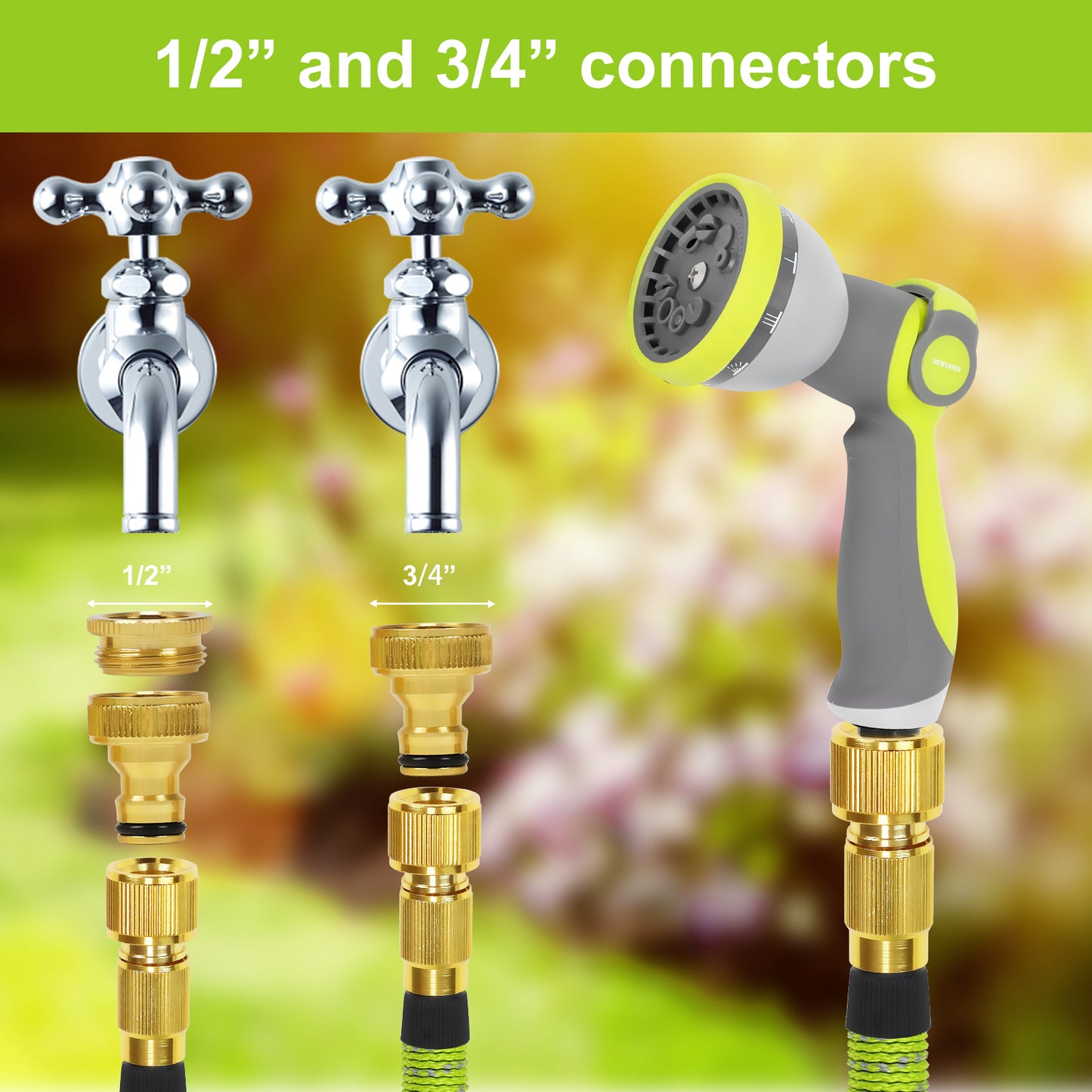 Expandable Garden Hose Pipe, Upgraded 3-Layer Latex No-Kink Flexible Water Hose, 3/4"&1/2" Solid Brass Connectors, 10 Function Spray Nozzle (100ft/50ft)