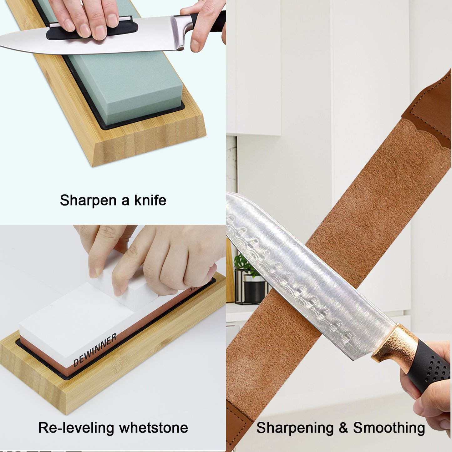 Knife Sharpening Stone Set, HMPLL Whetstone Knife Sharpener Stone Set 4 Side Grit 400/1000 3000/8000, Professional Whetstone Include Non-Slip Bamboo Base, Leather Strop, Flattening Stone & Angle Guide