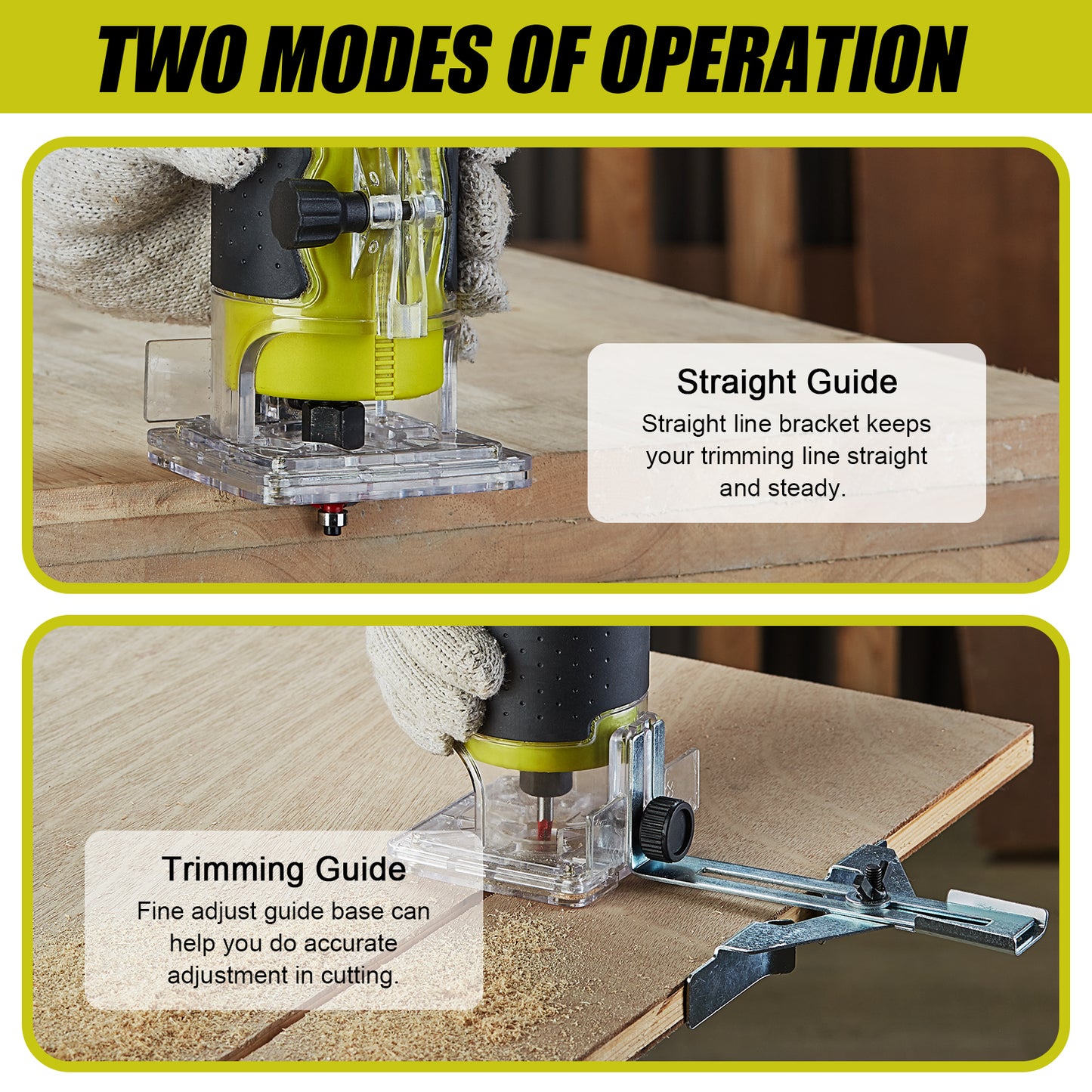 Electric Hand Palm Router, DEWINNER Trimmer Laminate Wood Working Joiners Tool, Compact Router with Trimmer Base, 3 Guide,2 Collets 1/4"(6.35mm) and 3/8"