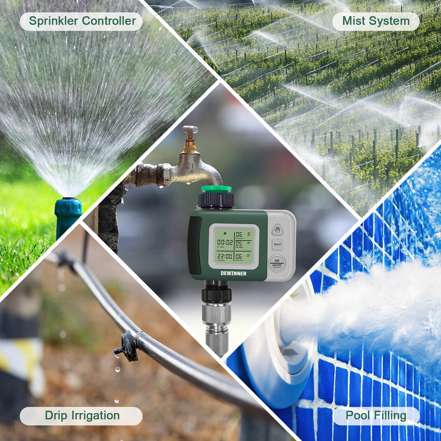 DEWINNER Water Timer Digital Programmable Garden Lawn Tap Computer Hose Faucet Sprinkler Timer Irrigation System Controller/ Auto&Manual Mode/Rain Delay/Large Screen/IP64 Waterproof