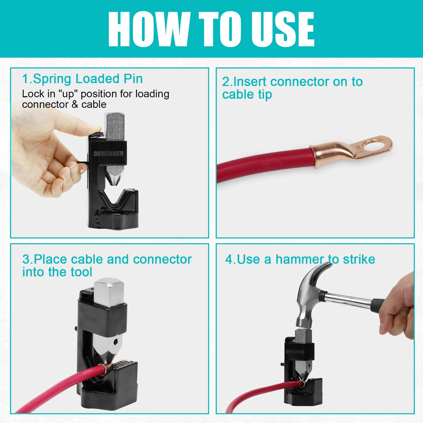Hammer Battery Lug Crimping Tool for 8, 6, 4, 2, 1/0, 2/0, 3/0, 4/0 American Wire Gauge (AWG) Wire and Cable