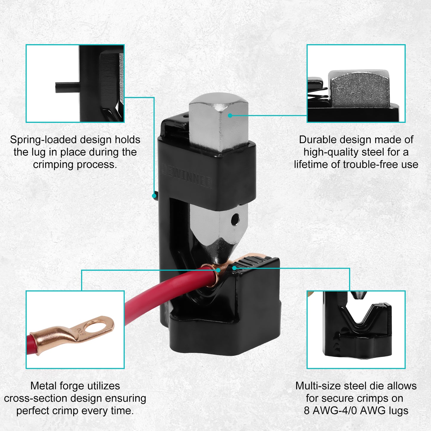 Hammer Battery Lug Crimping Tool for 8, 6, 4, 2, 1/0, 2/0, 3/0, 4/0 American Wire Gauge (AWG) Wire and Cable