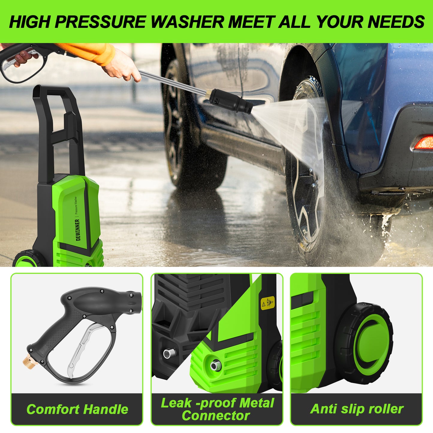 DEWINNER 480L/hr,210BAR, 1600W Pressure Washer, Green