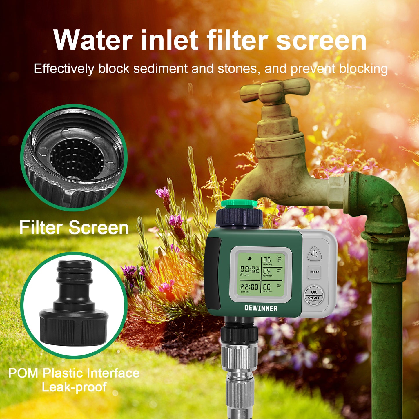 DEWINNER Water Timer Digital Programmable Garden Lawn Tap Computer Hose Faucet Sprinkler Timer Irrigation System Controller/ Auto&Manual Mode/Rain Delay/Large Screen/IP64 Waterproof