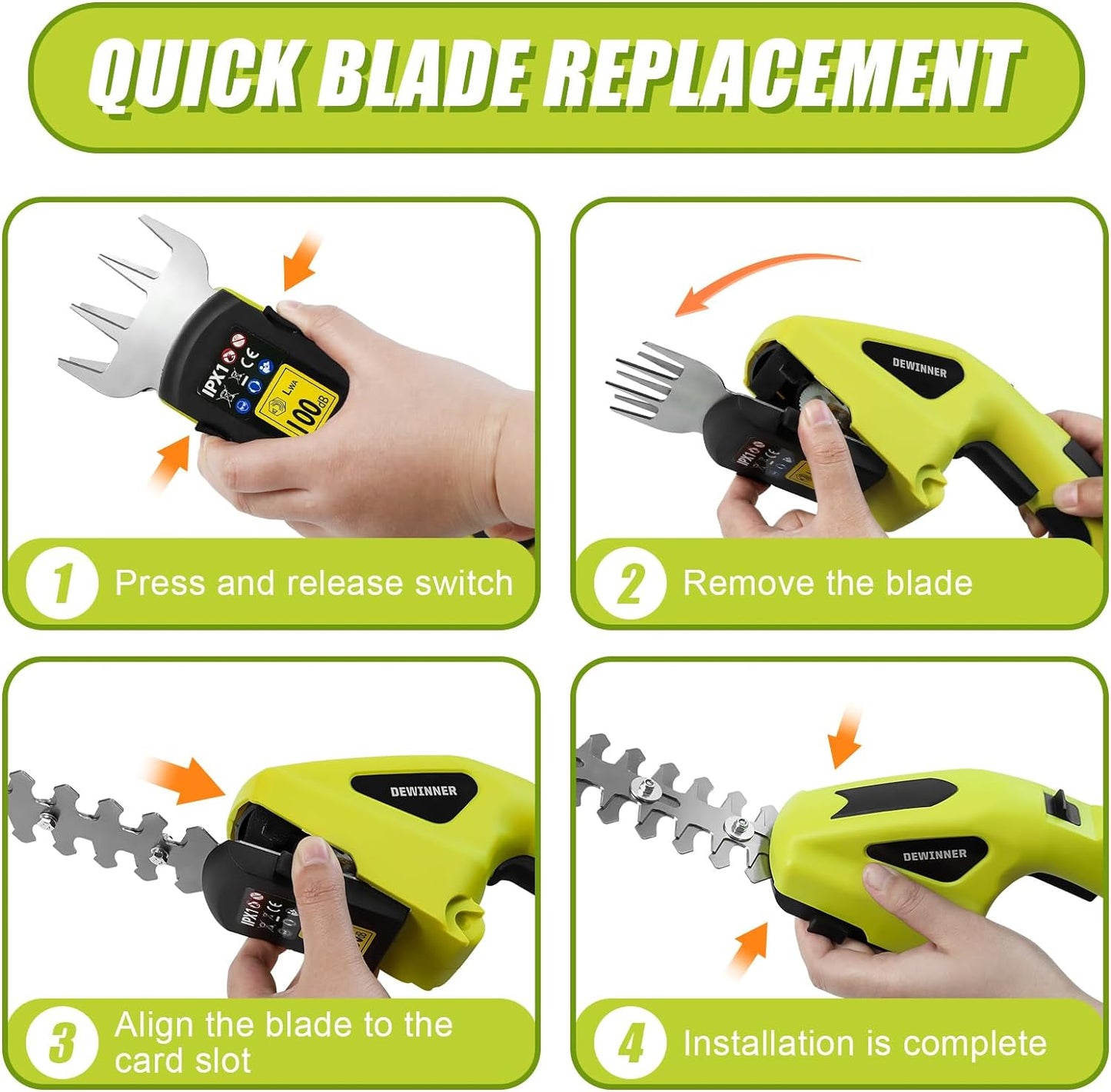 DEWINNER 2 IN 1 Cordless Hedge Trimmers 7.2V Electric Grass Trimmer, Cordless Hedge Trimmer & Grass Shear with 2 Interchangeable Blades, Lightweight Hand Held Hedge Trimmer for Gardening Cutting, Trimming, Shearing, Pruning