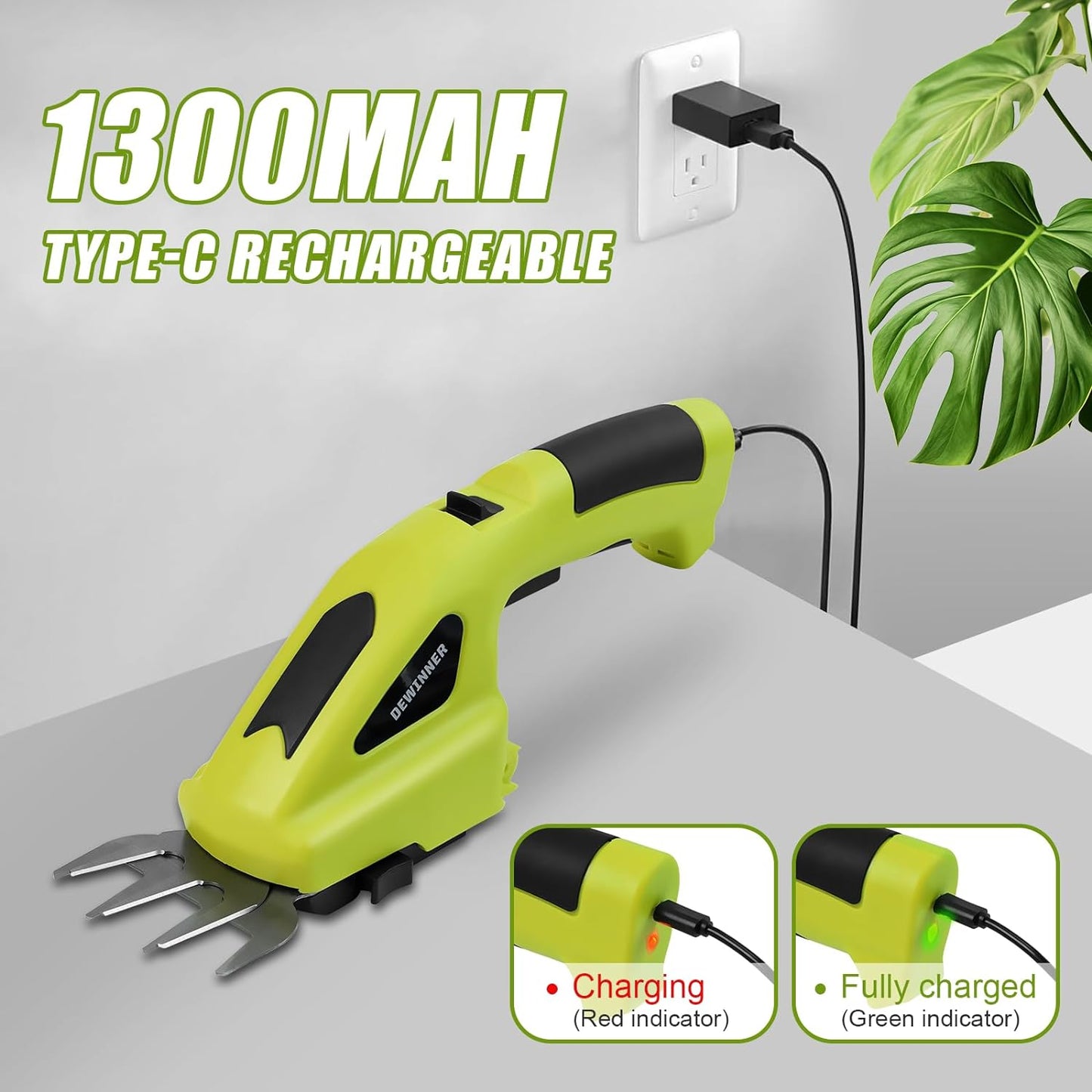 DEWINNER 2 IN 1 Cordless Hedge Trimmers 7.2V Electric Grass Trimmer, Cordless Hedge Trimmer & Grass Shear with 2 Interchangeable Blades, Lightweight Hand Held Hedge Trimmer for Gardening Cutting, Trimming, Shearing, Pruning
