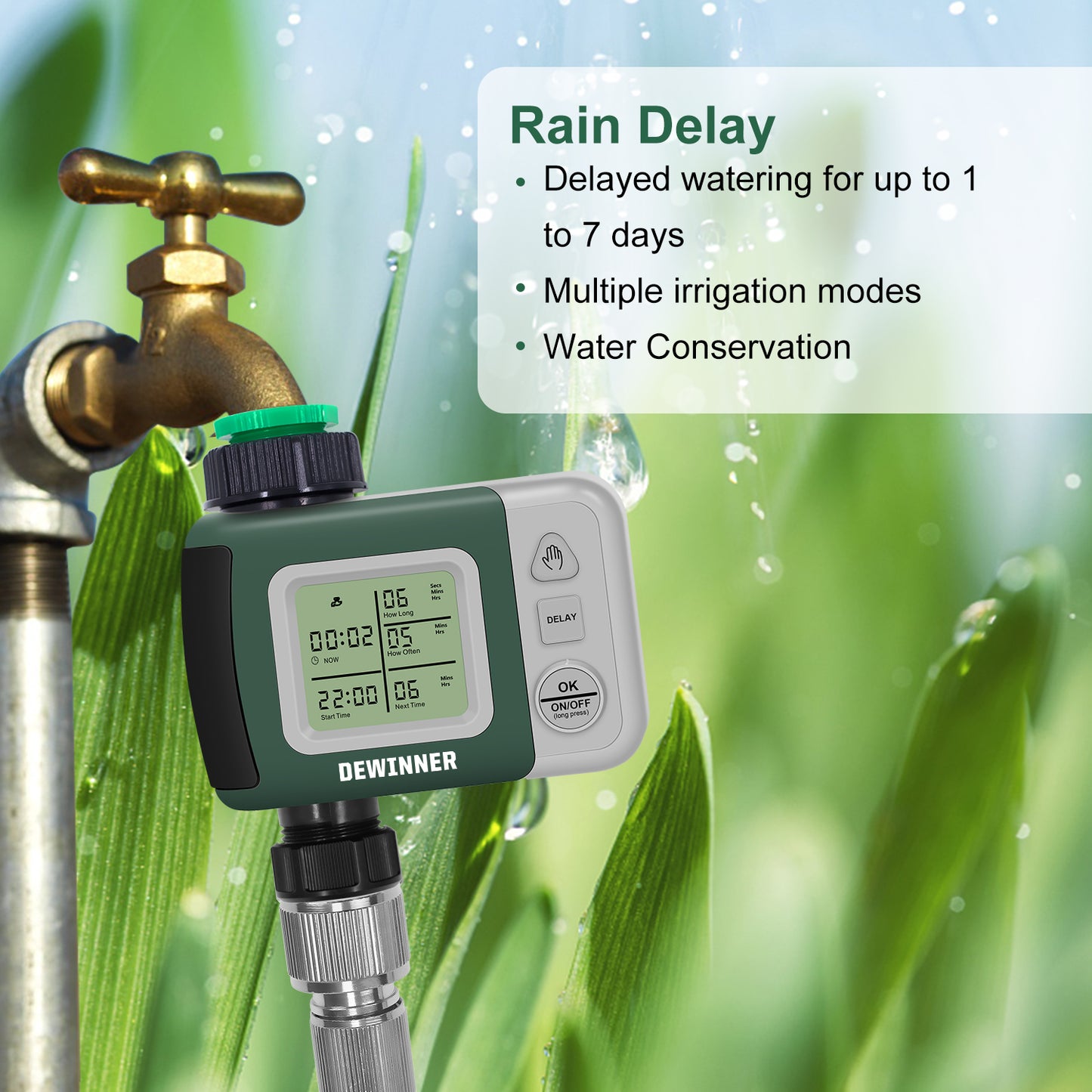 DEWINNER Water Timer Digital Programmable Garden Lawn Tap Computer Hose Faucet Sprinkler Timer Irrigation System Controller/ Auto&Manual Mode/Rain Delay/Large Screen/IP64 Waterproof