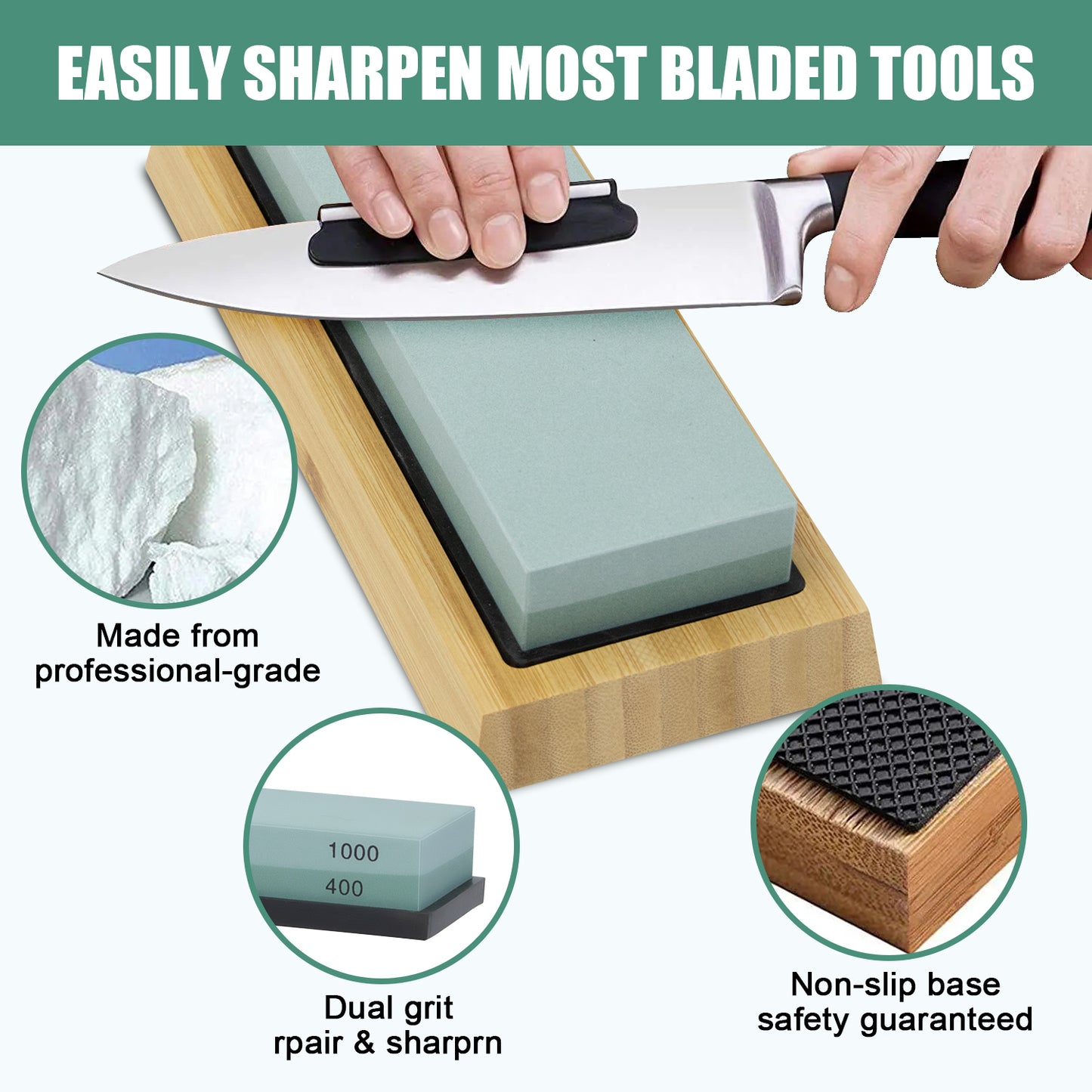 Knife Sharpening Stone Set, HMPLL Whetstone Knife Sharpener Stone Set 4 Side Grit 400/1000 3000/8000, Professional Whetstone Include Non-Slip Bamboo Base, Leather Strop, Flattening Stone & Angle Guide