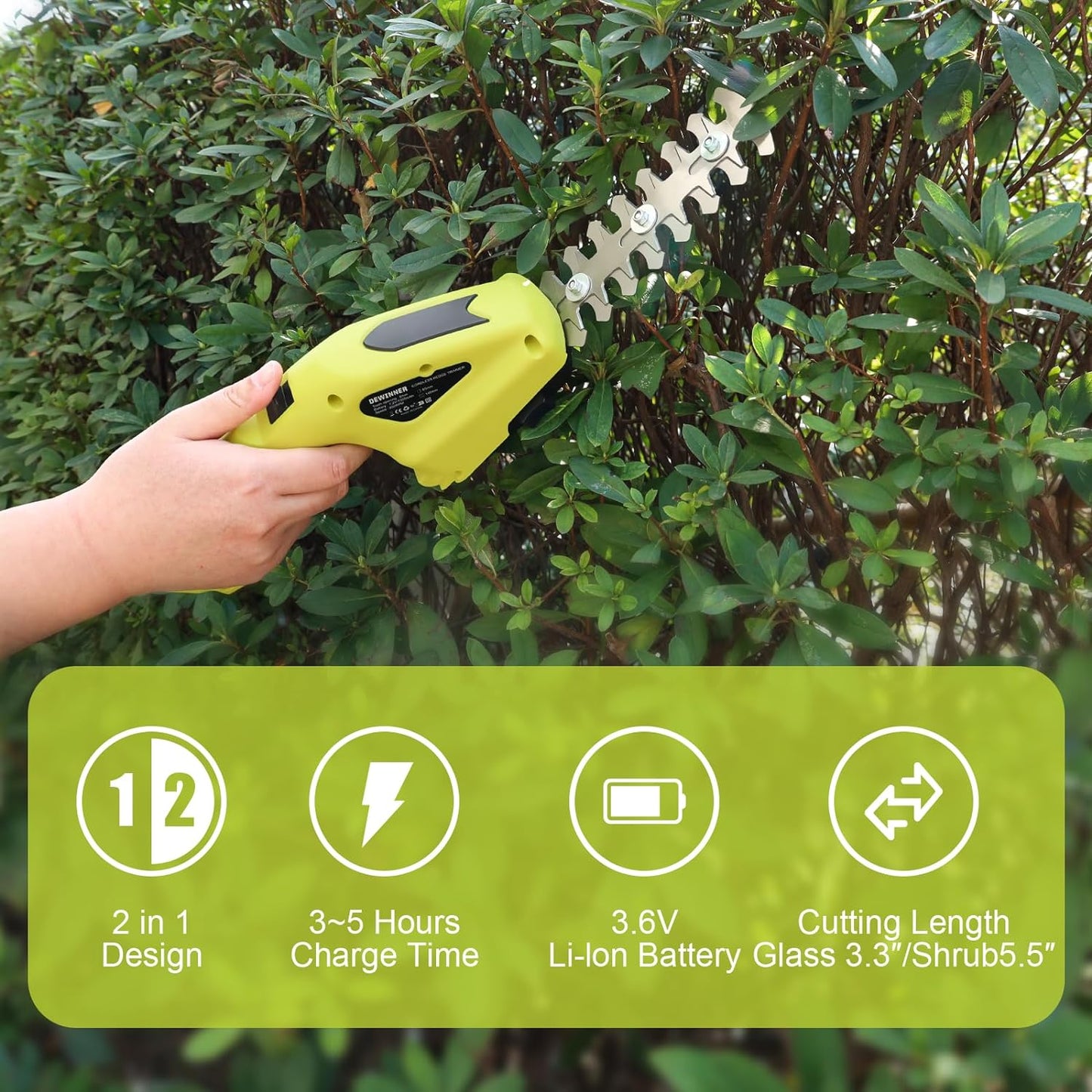 DEWINNER 2 IN 1 Cordless Hedge Trimmers 7.2V Electric Grass Trimmer, Cordless Hedge Trimmer & Grass Shear with 2 Interchangeable Blades, Lightweight Hand Held Hedge Trimmer for Gardening Cutting, Trimming, Shearing, Pruning