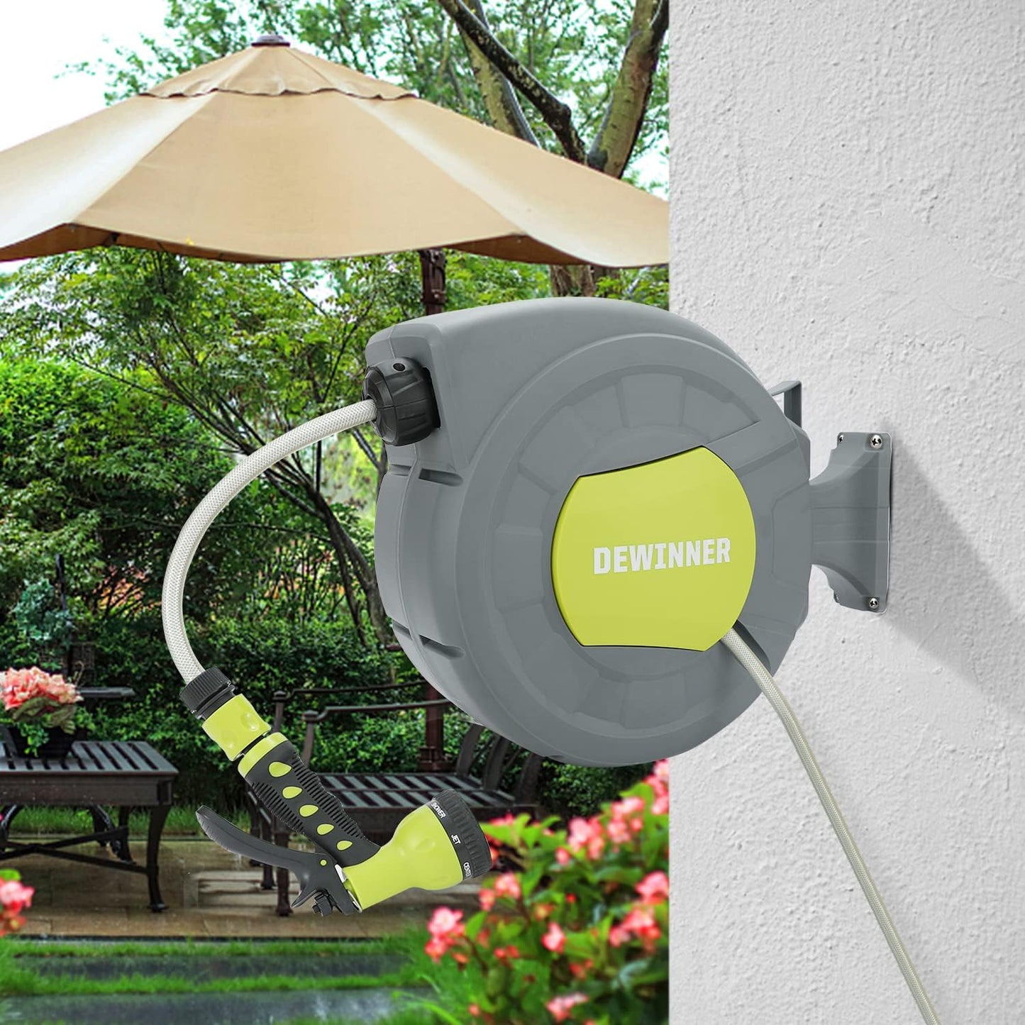 DEWINNER 30M Automatic Garden Hose Reel with Spray Nozzle, 180° Swivel, Garden Hose with Reel, 7 Functions for Watering Lawn Garden