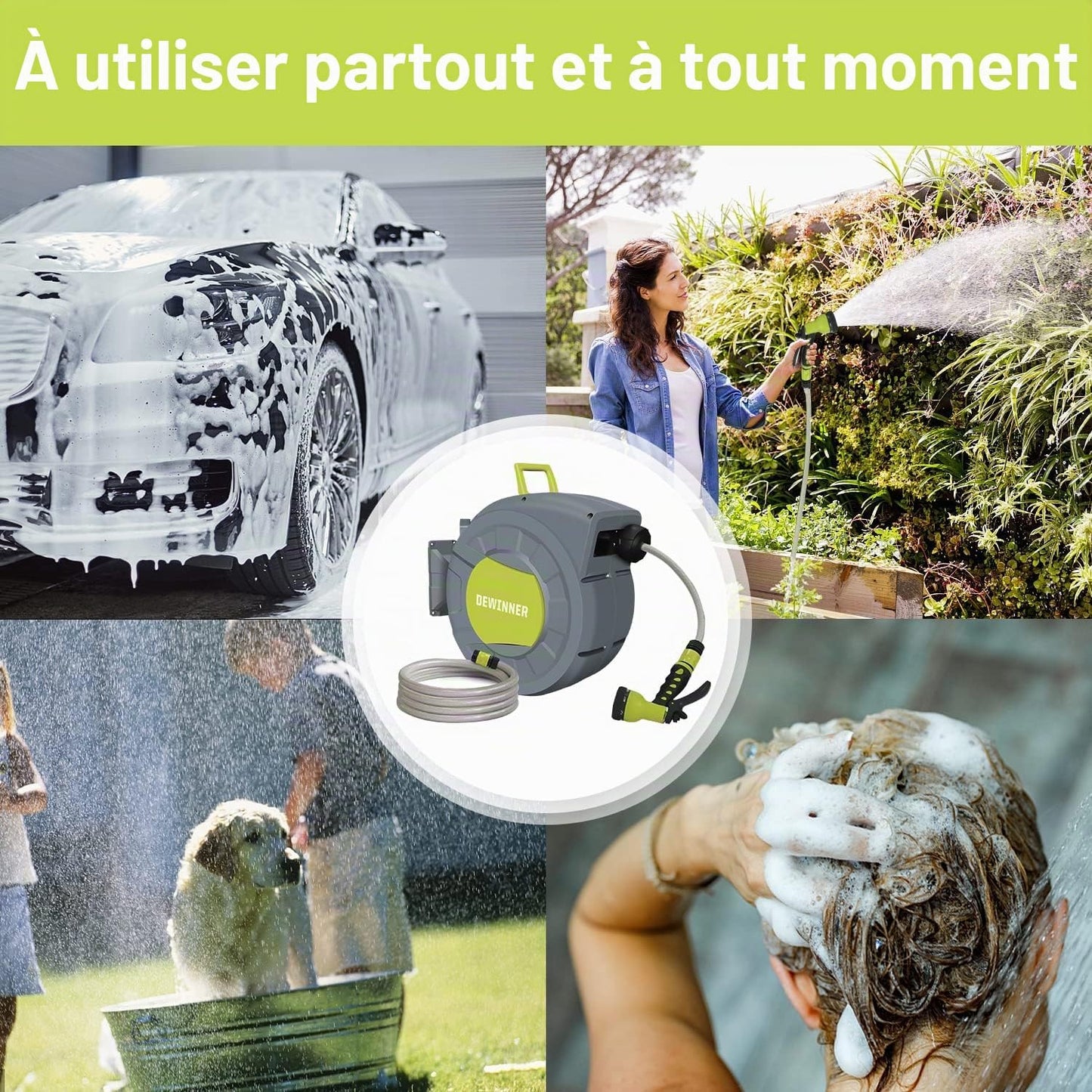 DEWINNER Wall Mounted Garden Hose Reel, 20 +2 m Automatic Wall Mounted Hose Reel with Spray Nozzle, Automatic Rewinding Bracket, Garden Hose with Reel, Outdoor Hose Watering