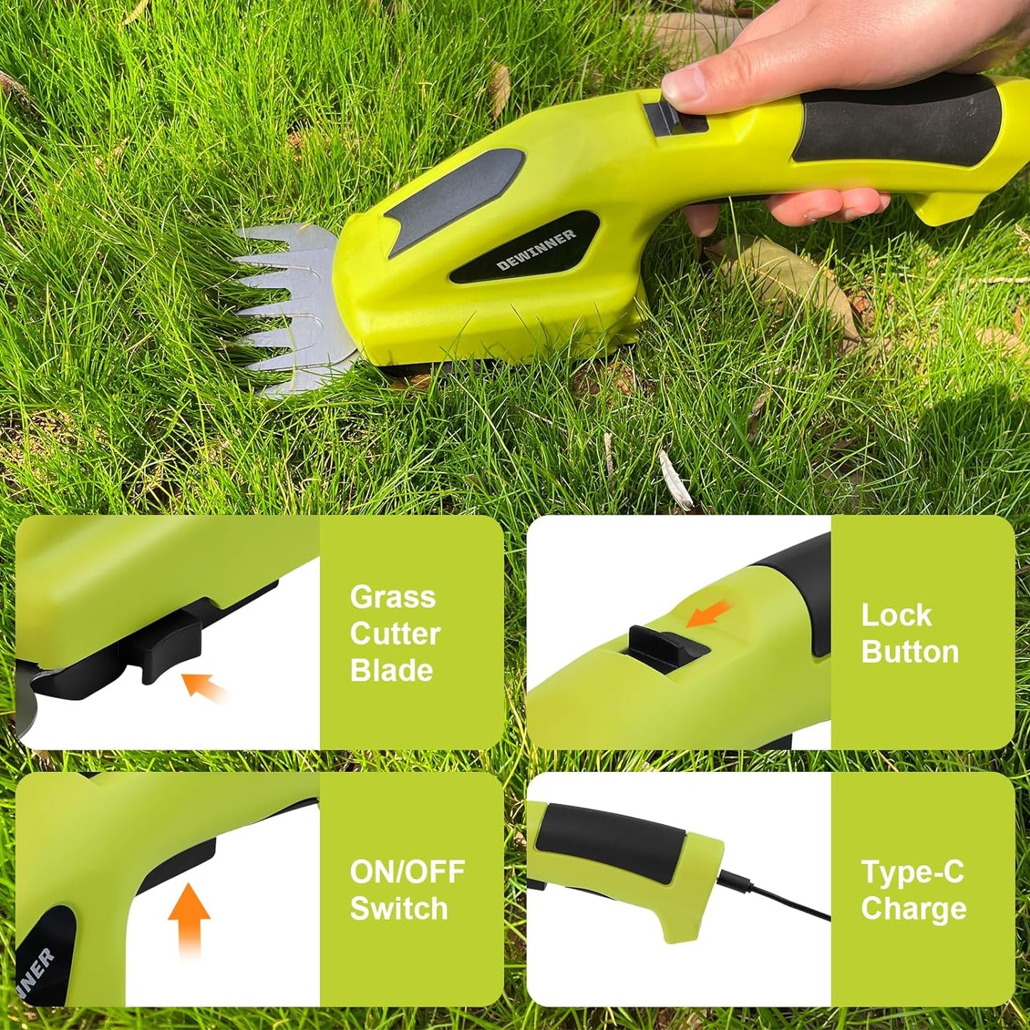 DEWINNER 2 IN 1 Cordless Hedge Trimmers 7.2V Electric Grass Trimmer, Cordless Hedge Trimmer & Grass Shear with 2 Interchangeable Blades, Lightweight Hand Held Hedge Trimmer for Gardening Cutting, Trimming, Shearing, Pruning