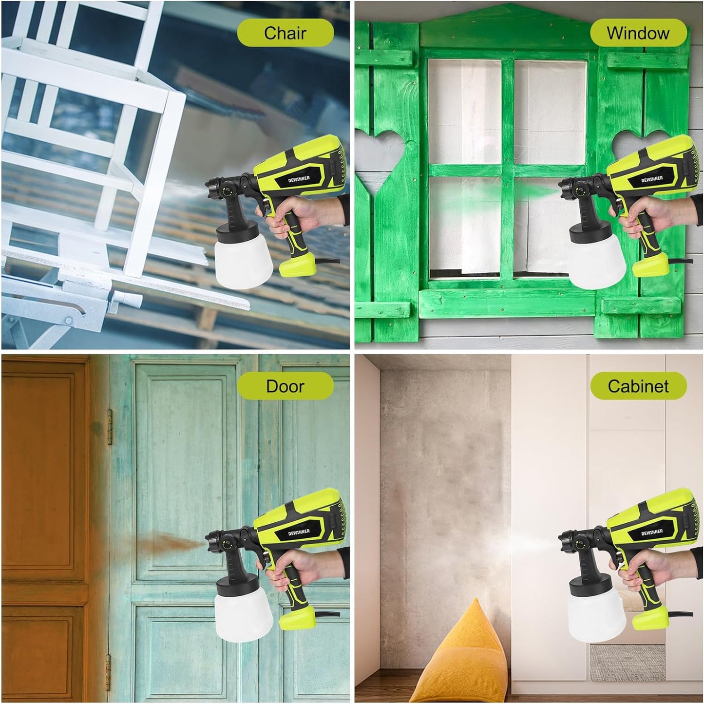 DEWINNER 600W Paint Spray Gun with 3 Spray Patterns, Electric Paint Gun with 1000ml Container, Paint Sprayer with 3 Nozzles (1.5/2.0/2.5mm) for Walls and Ceilings for DIY Decoration