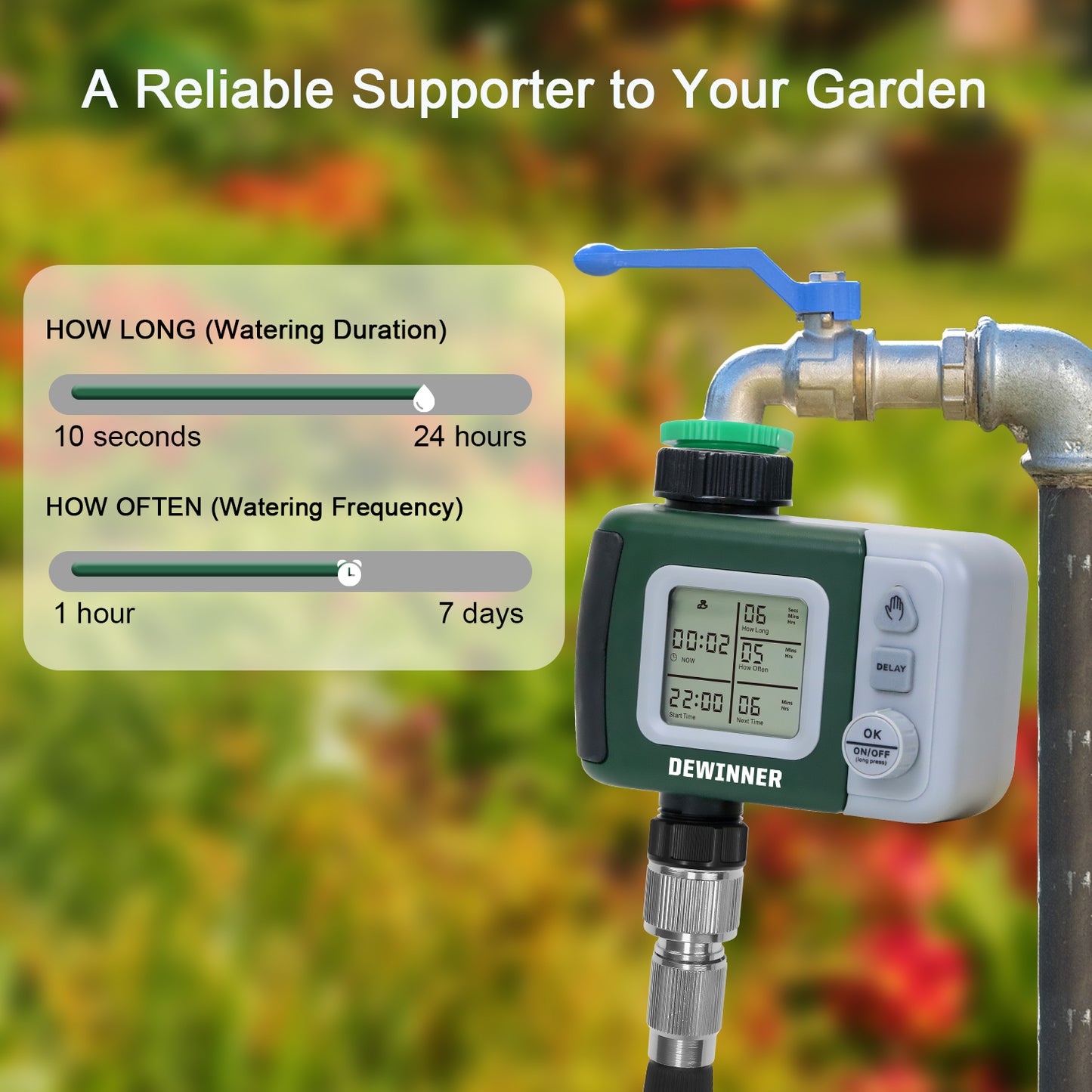 DEWINNER Water Timer Digital Programmable Garden Lawn Tap Computer Hose Faucet Sprinkler Timer Irrigation System Controller/ Auto&Manual Mode/Rain Delay/Large Screen/IP64 Waterproof