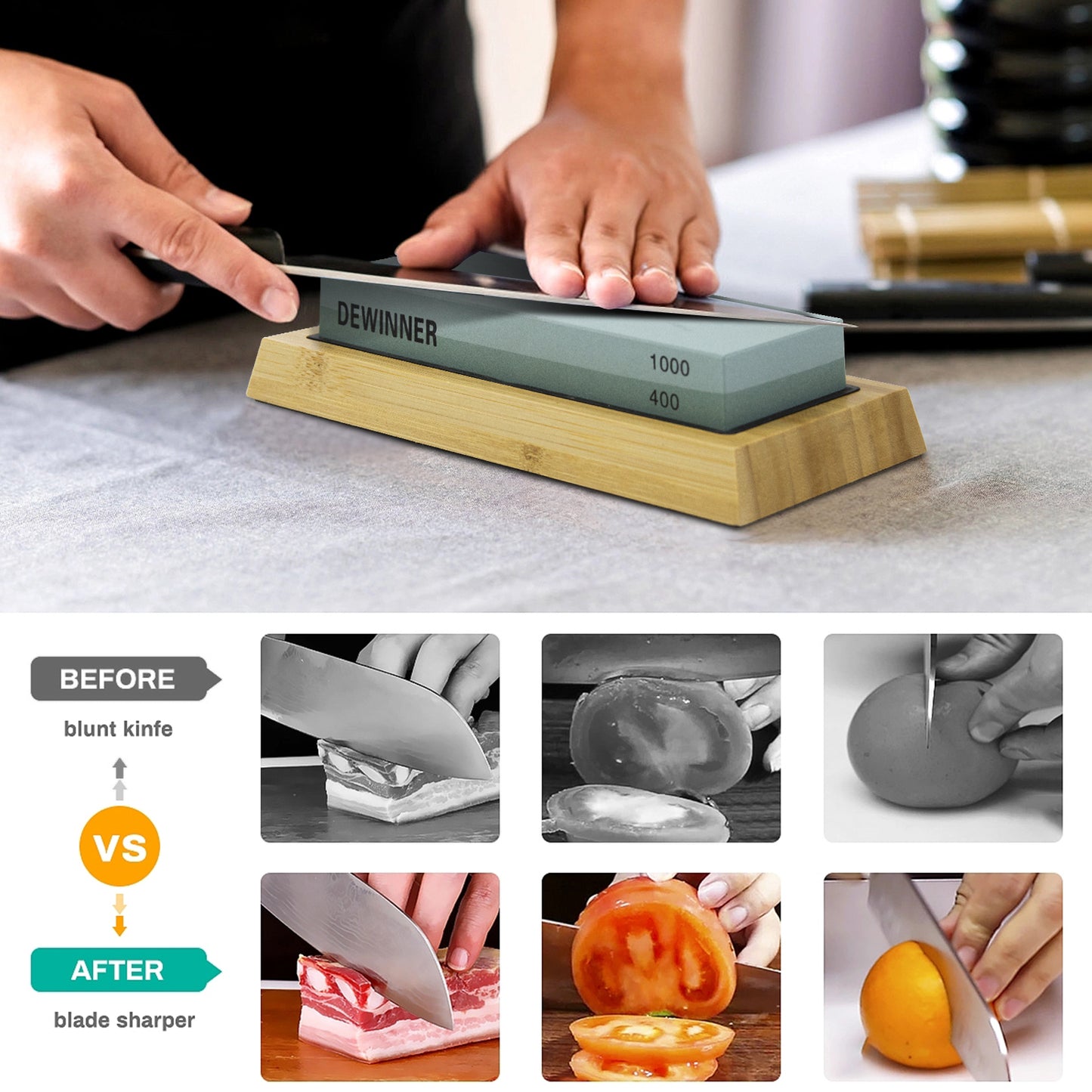 Knife Sharpening Stone Set, HMPLL Whetstone Knife Sharpener Stone Set 4 Side Grit 400/1000 3000/8000, Professional Whetstone Include Non-Slip Bamboo Base, Leather Strop, Flattening Stone & Angle Guide