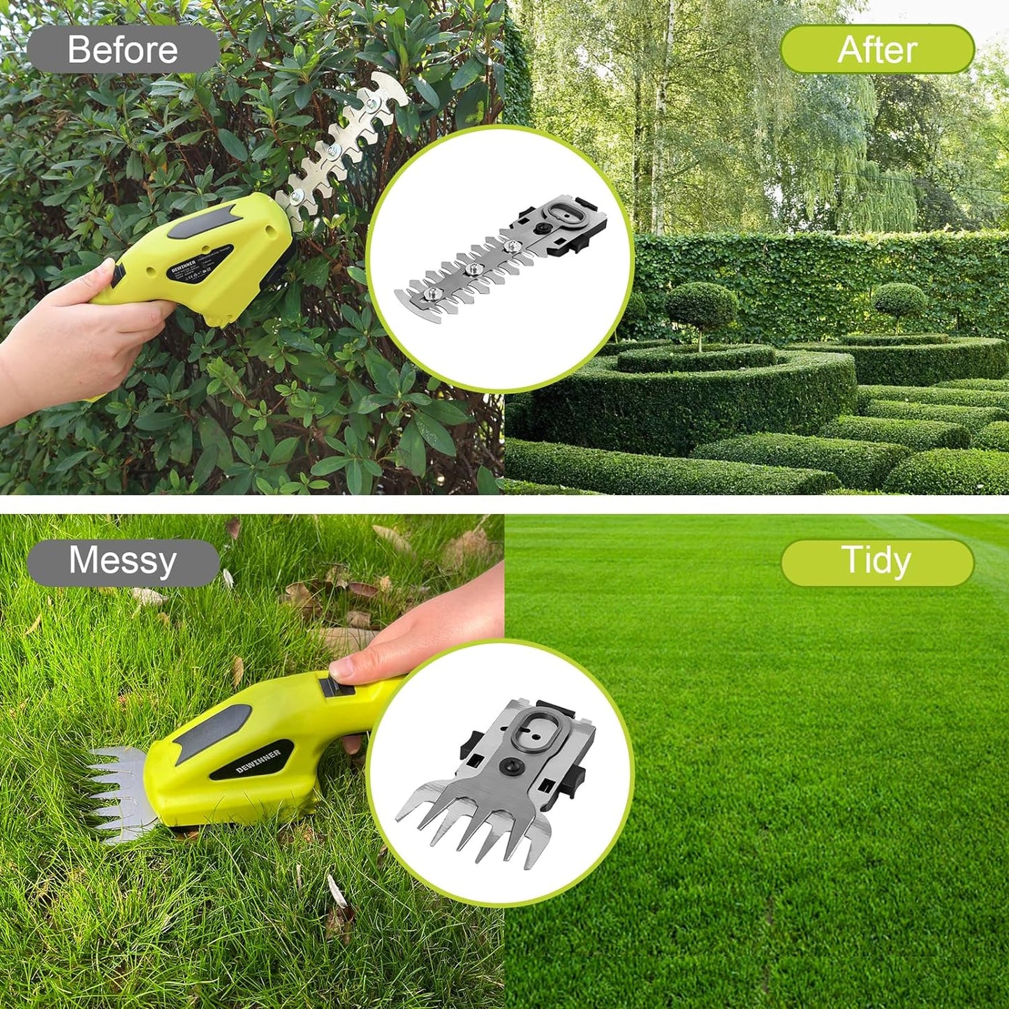 DEWINNER 2 IN 1 Cordless Hedge Trimmers 7.2V Electric Grass Trimmer, Cordless Hedge Trimmer & Grass Shear with 2 Interchangeable Blades, Lightweight Hand Held Hedge Trimmer for Gardening Cutting, Trimming, Shearing, Pruning