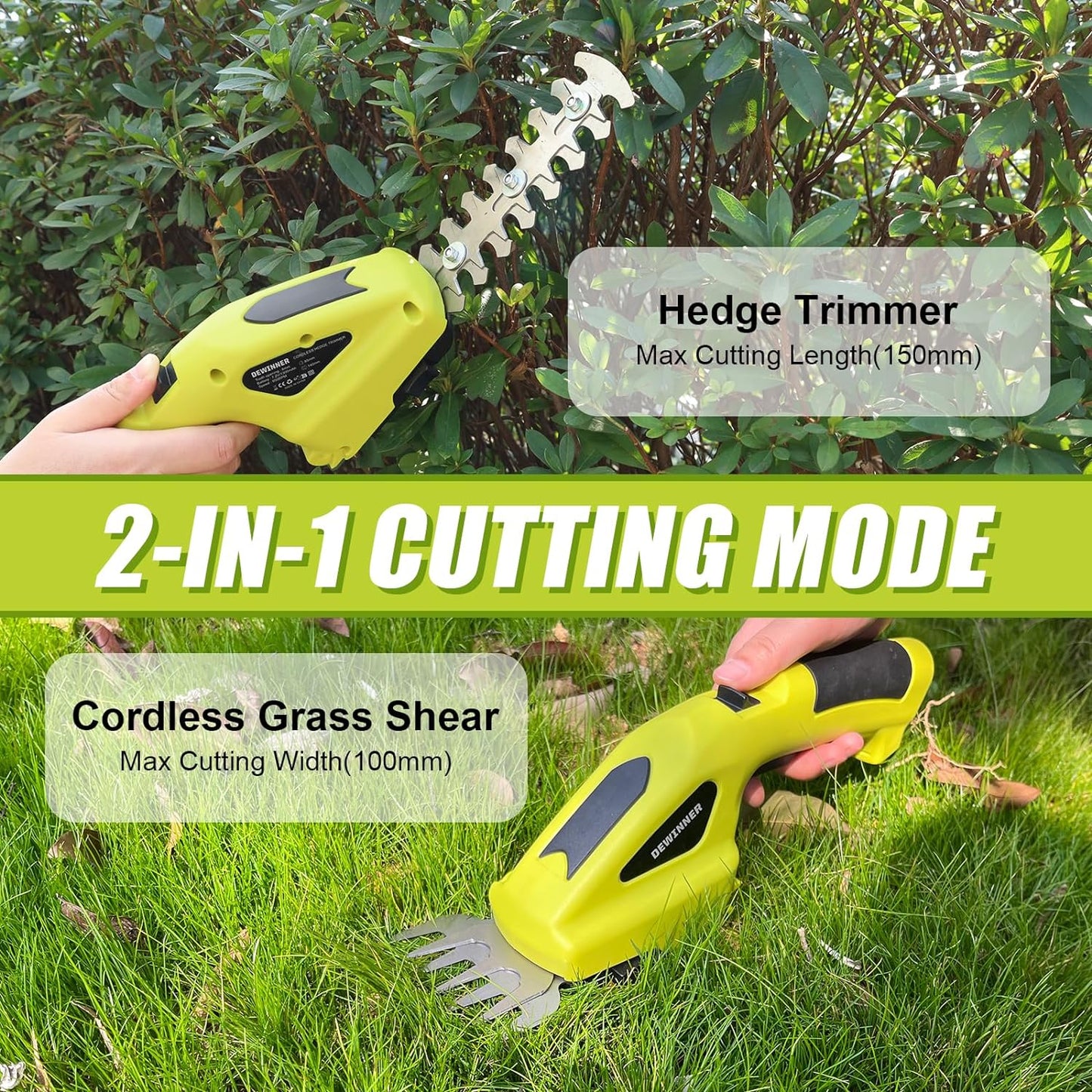 DEWINNER 2 IN 1 Cordless Hedge Trimmers 7.2V Electric Grass Trimmer, Cordless Hedge Trimmer & Grass Shear with 2 Interchangeable Blades, Lightweight Hand Held Hedge Trimmer for Gardening Cutting, Trimming, Shearing, Pruning