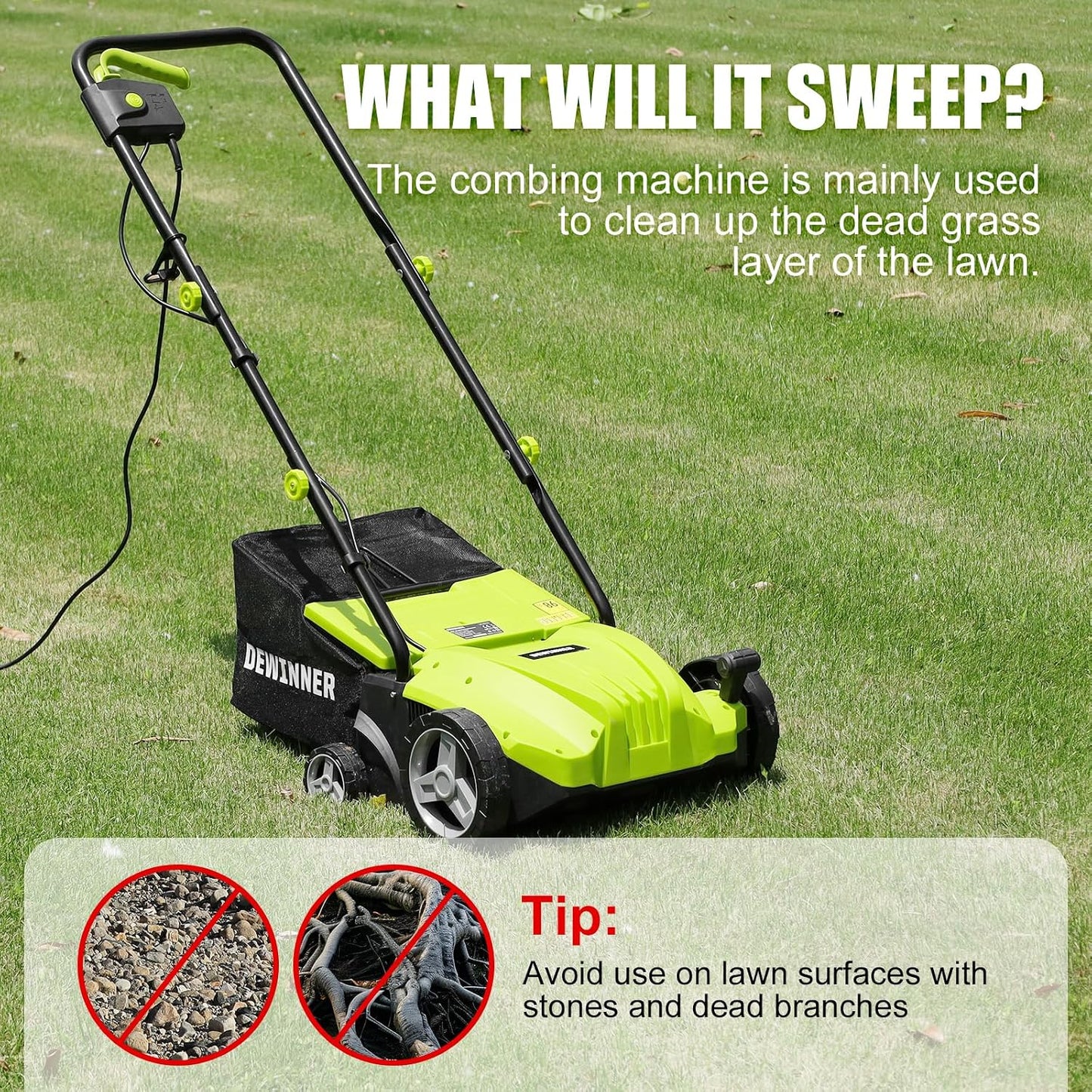 DEWINNER 1500W Electric Scarifier Blunder, 2 in 1 Scarifier Electric Aerator, 3200 RPM, with 2 Replacement Blades Included, Pickup Tray 30L, Adjustable Depth - 4 Depths