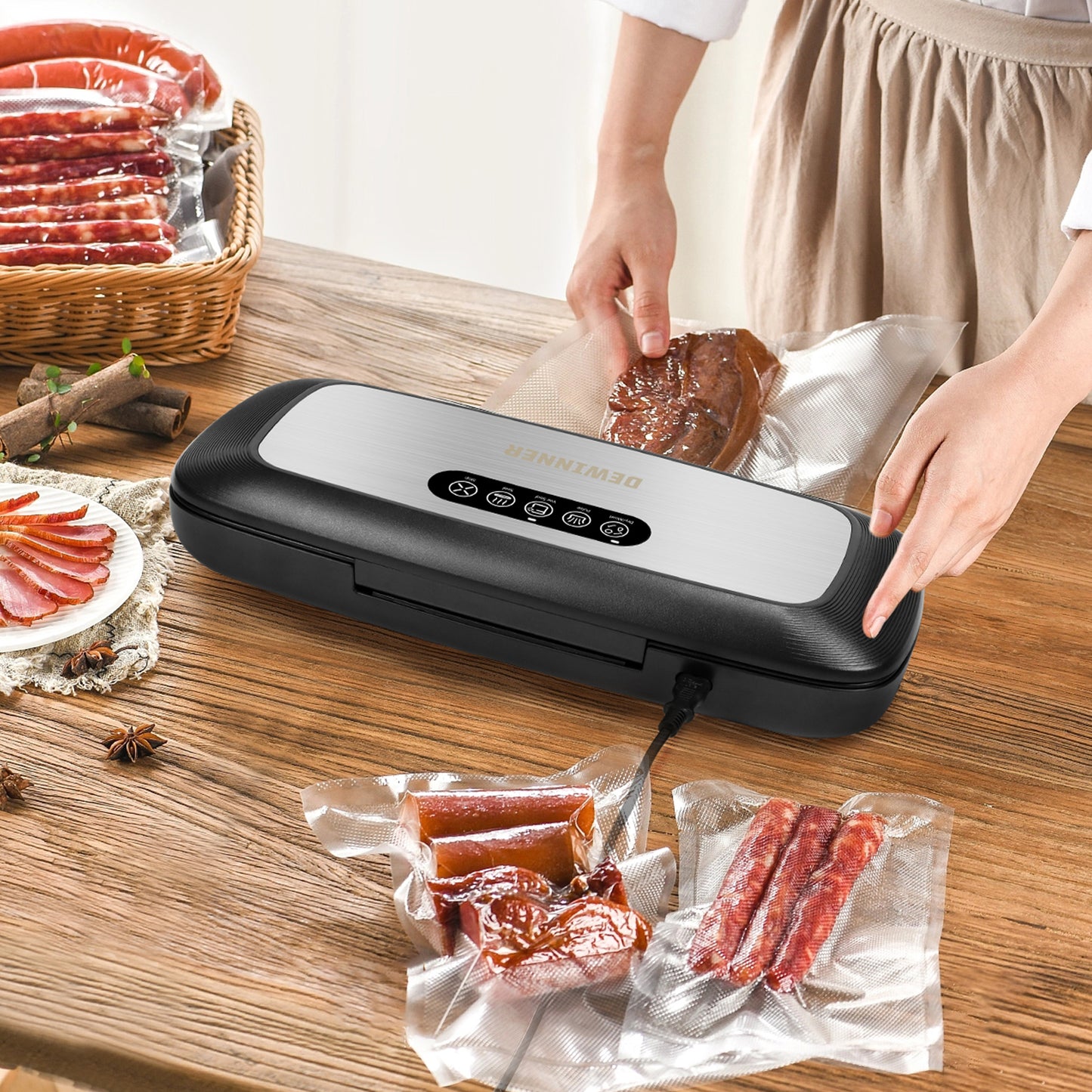 DEWINNER Full Automatic Vacuum Sealer Machine,vac Hands-Free Food Sealer with Built-in Cutter & Vacuum Roll Bags for Sous Vide Cooking Dry & Moist Food Modes